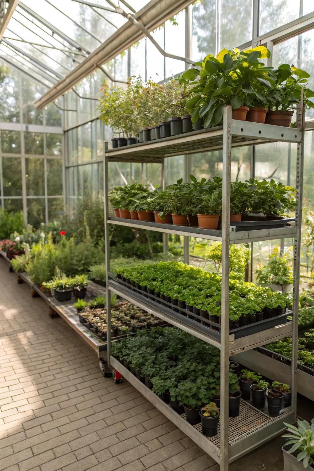 Tiered shelving in a greenhouse, displaying a wide range of plants.