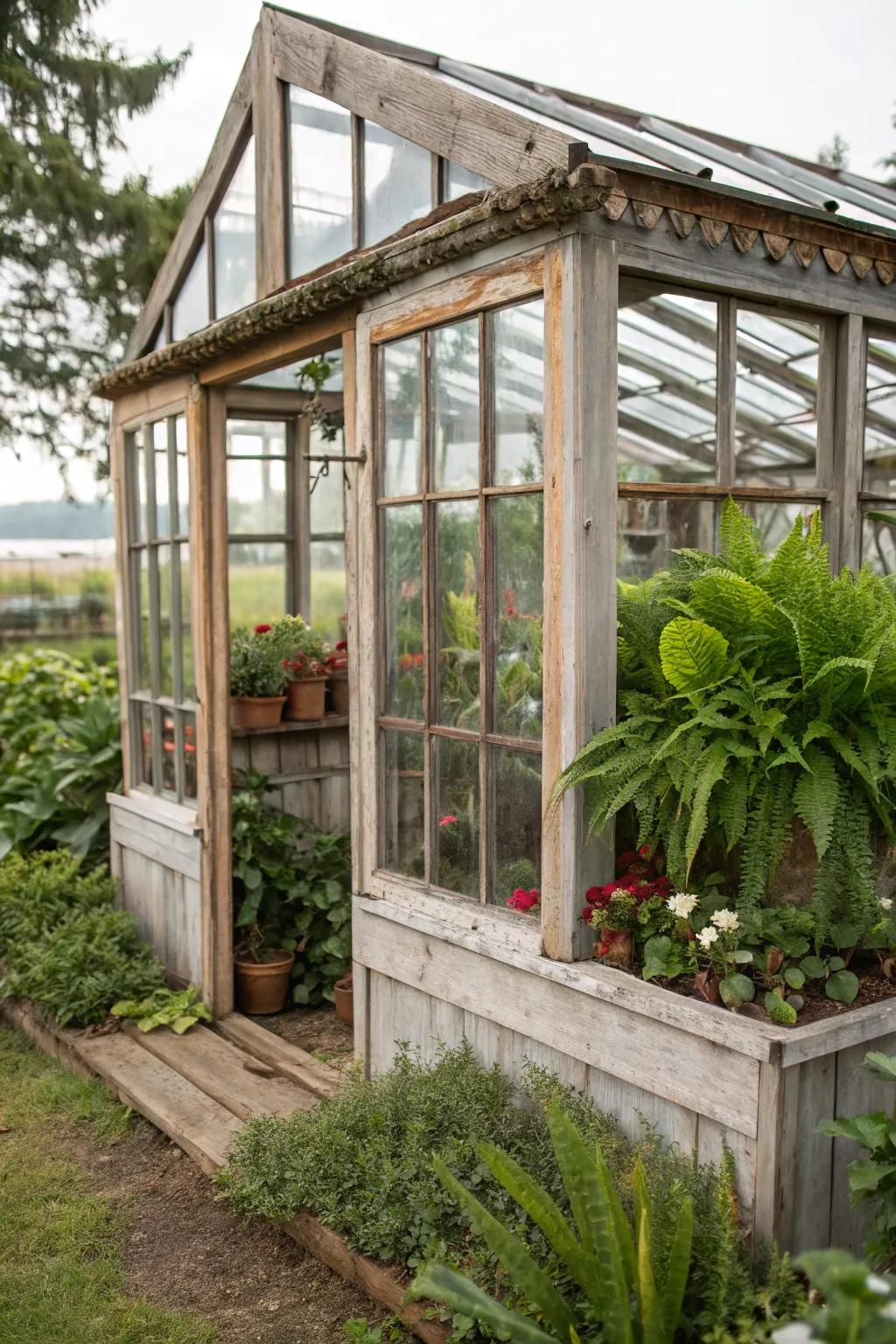 A whimsical greenhouse crafted from upcycled windows.