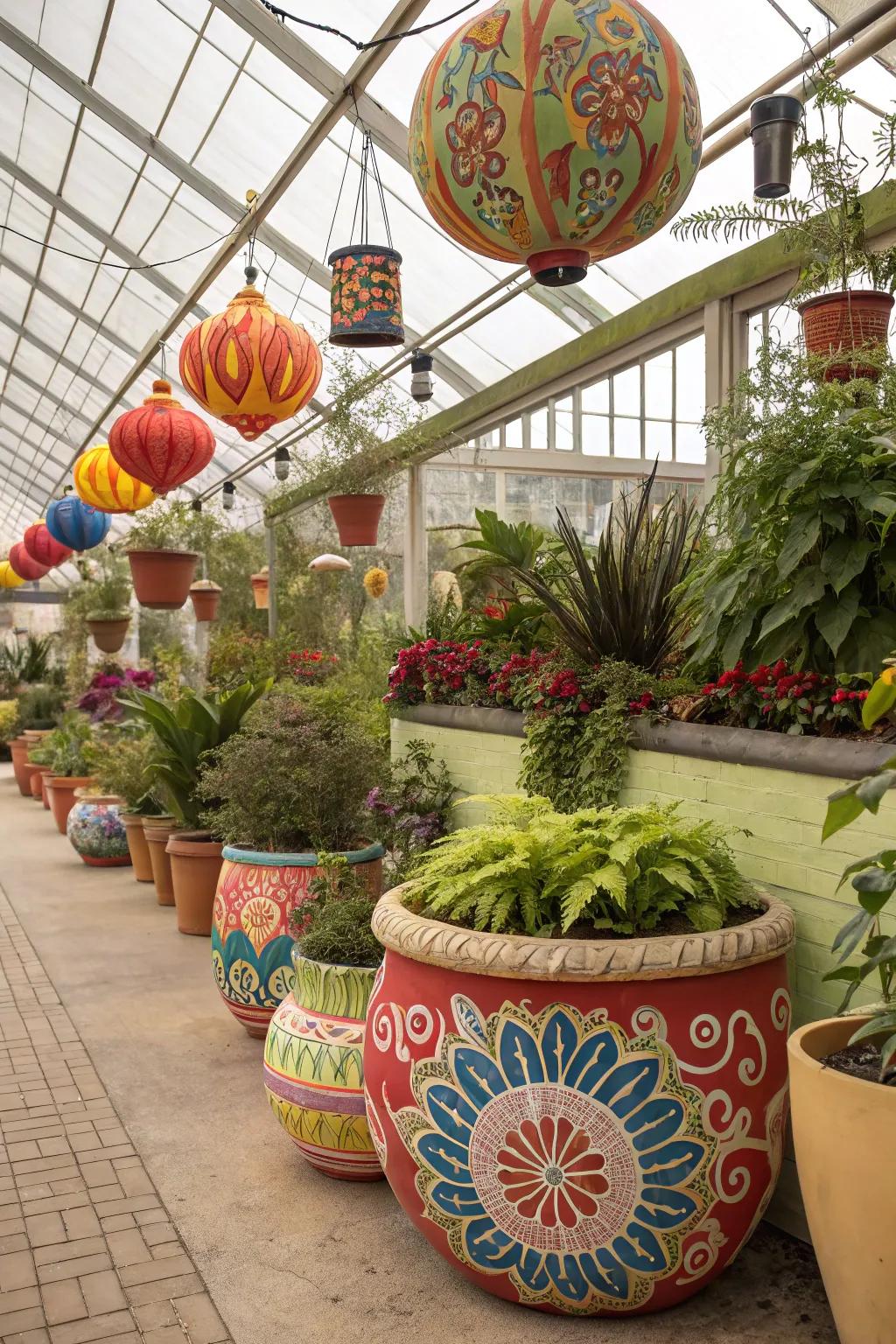 Decorative elements add personality to a greenhouse interior.