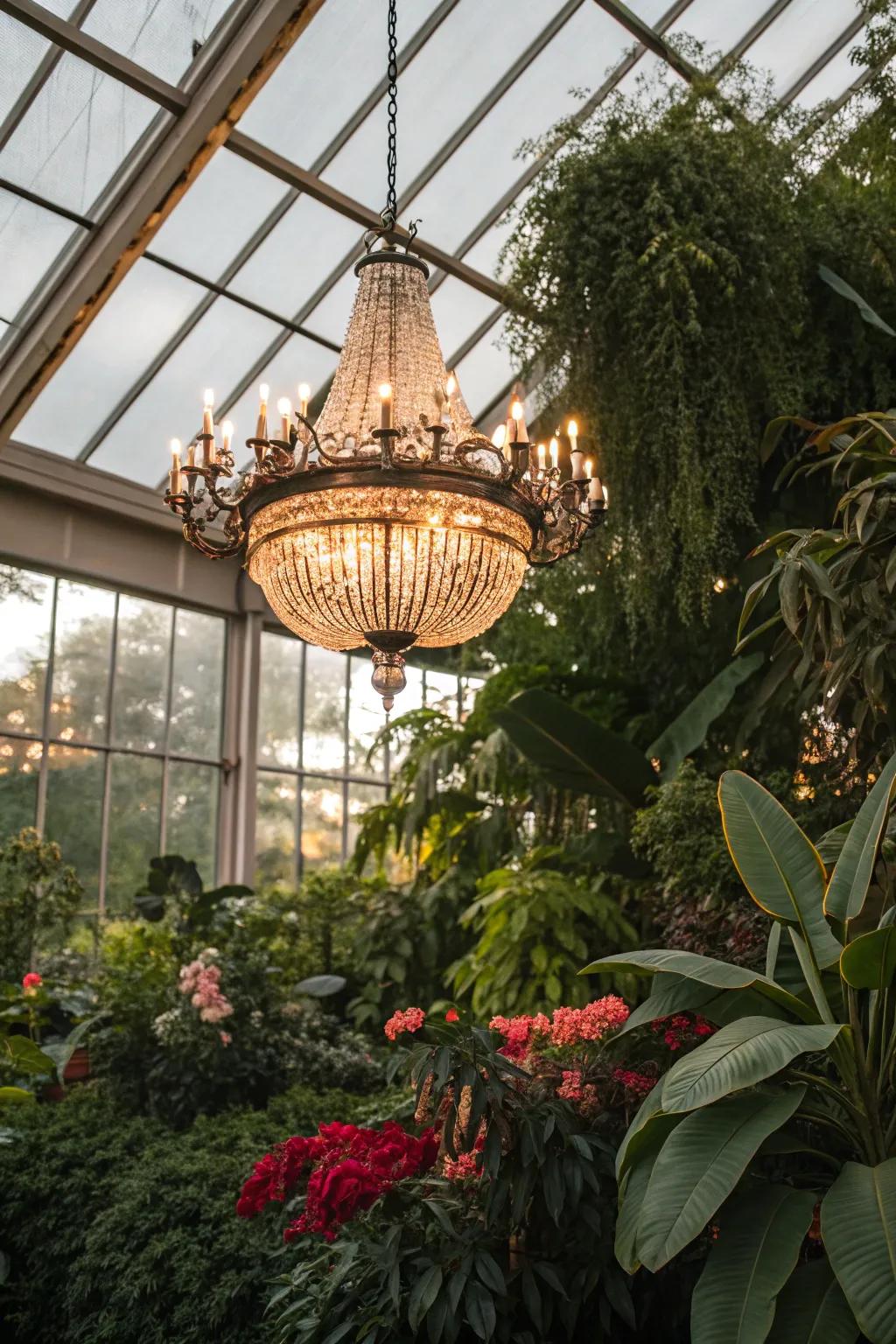 A chic chandelier adds elegance to a greenhouse setting.