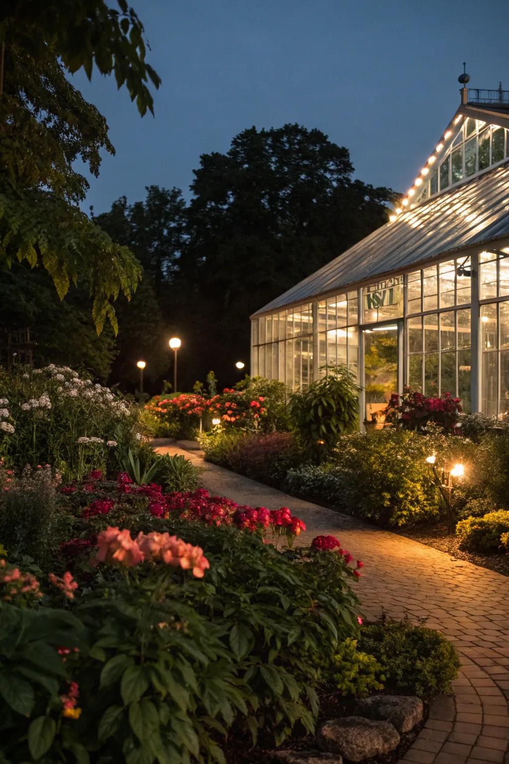 Integrated lighting transforms a greenhouse into a nighttime retreat.