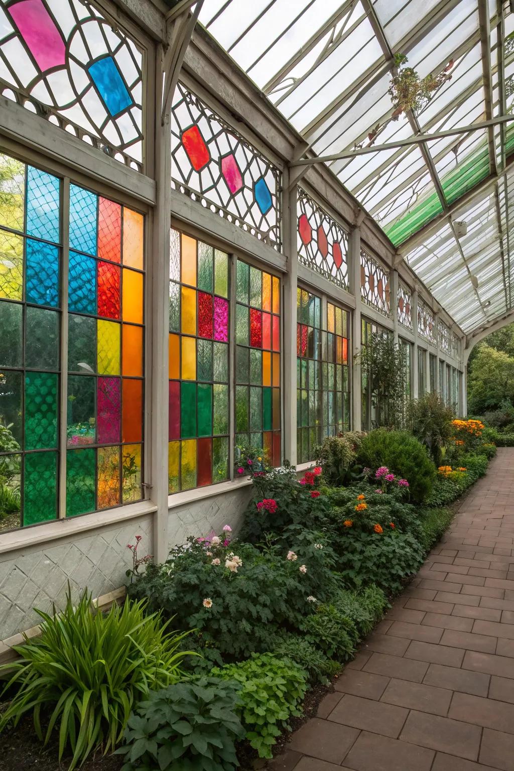 A greenhouse with stained glass panels, adding vibrant color.