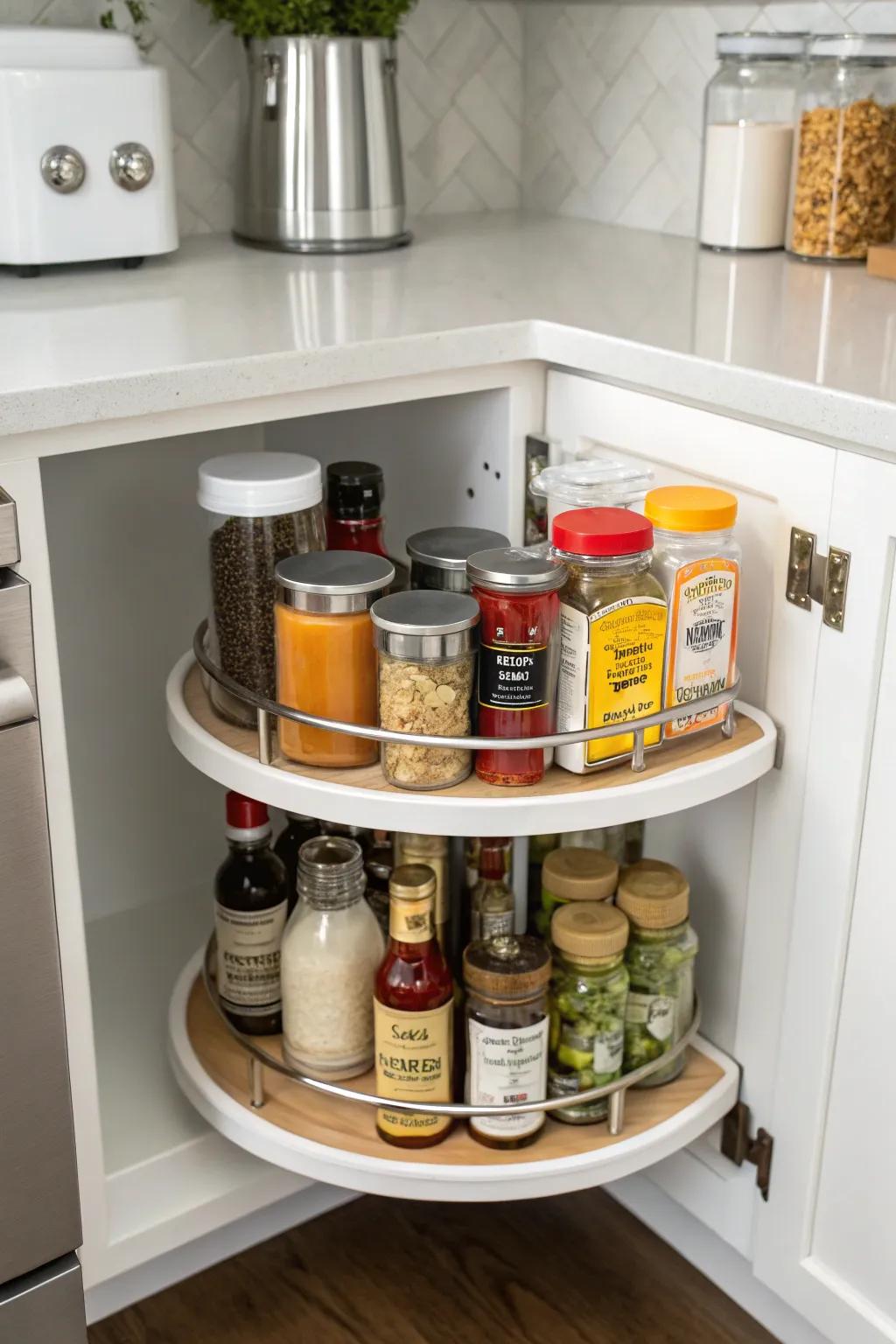 A Lazy Susan enhances accessibility in deep cabinets.