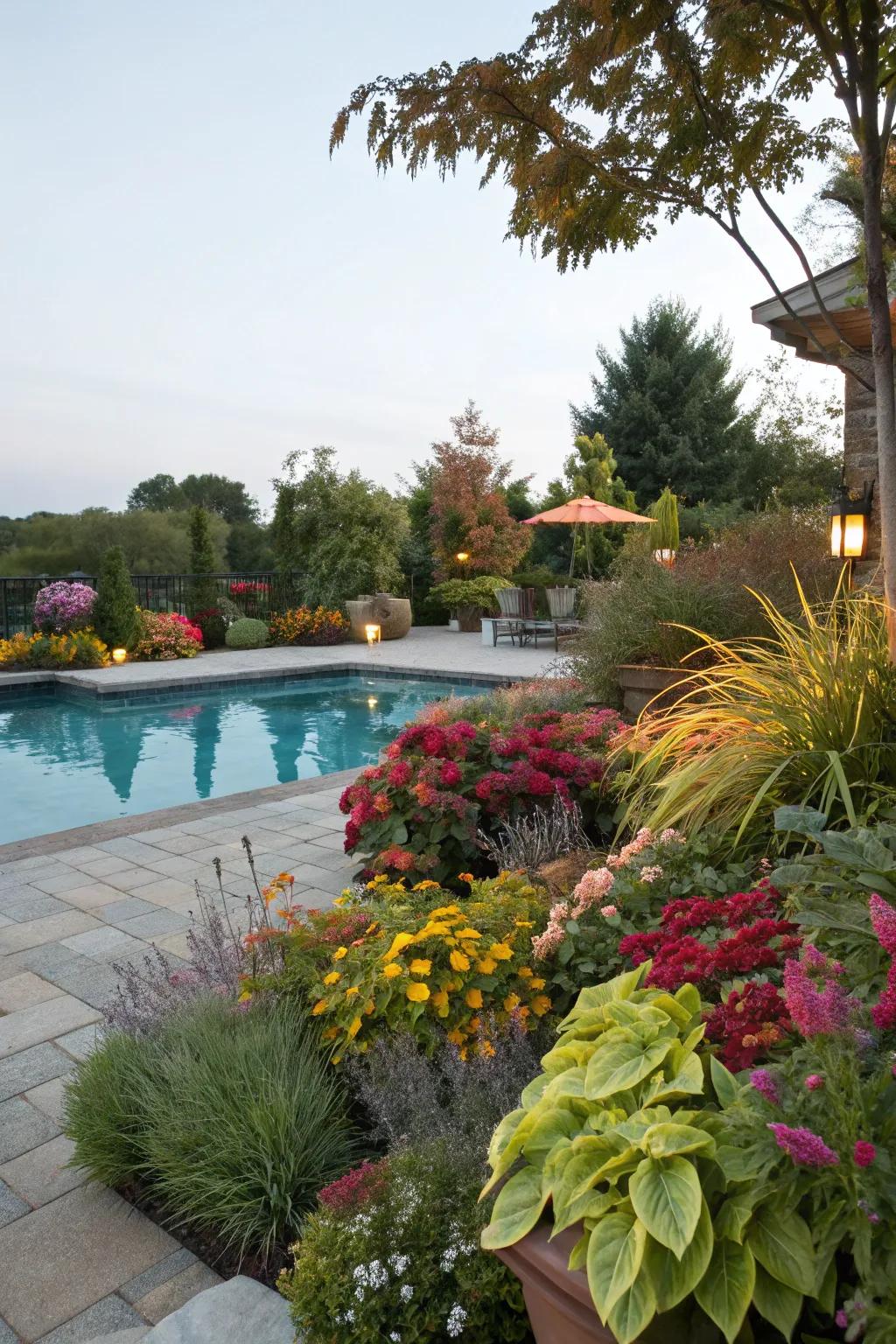 Seasonal planting keeps your pool area vibrant throughout the year.
