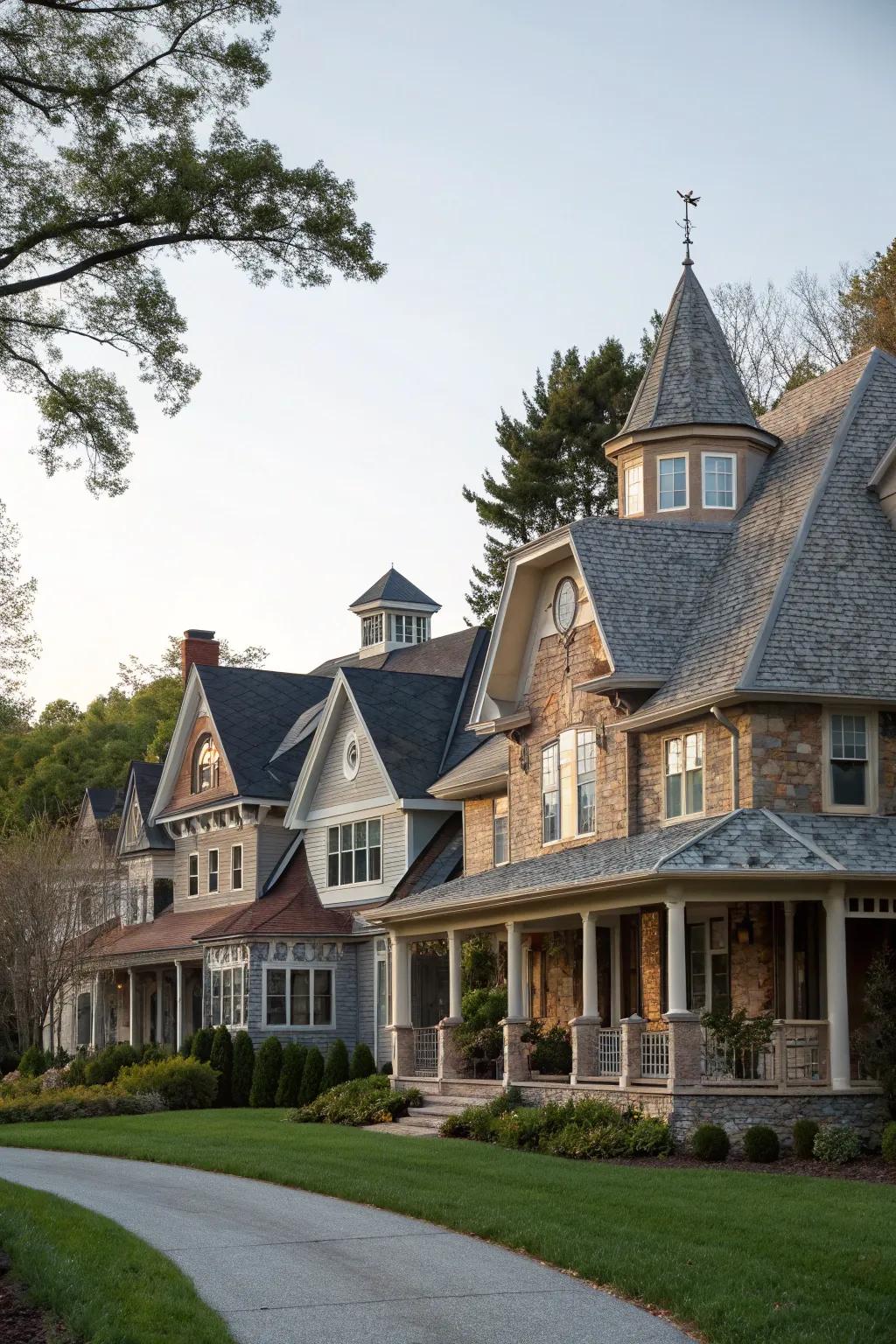 Complex rooflines adding architectural interest.