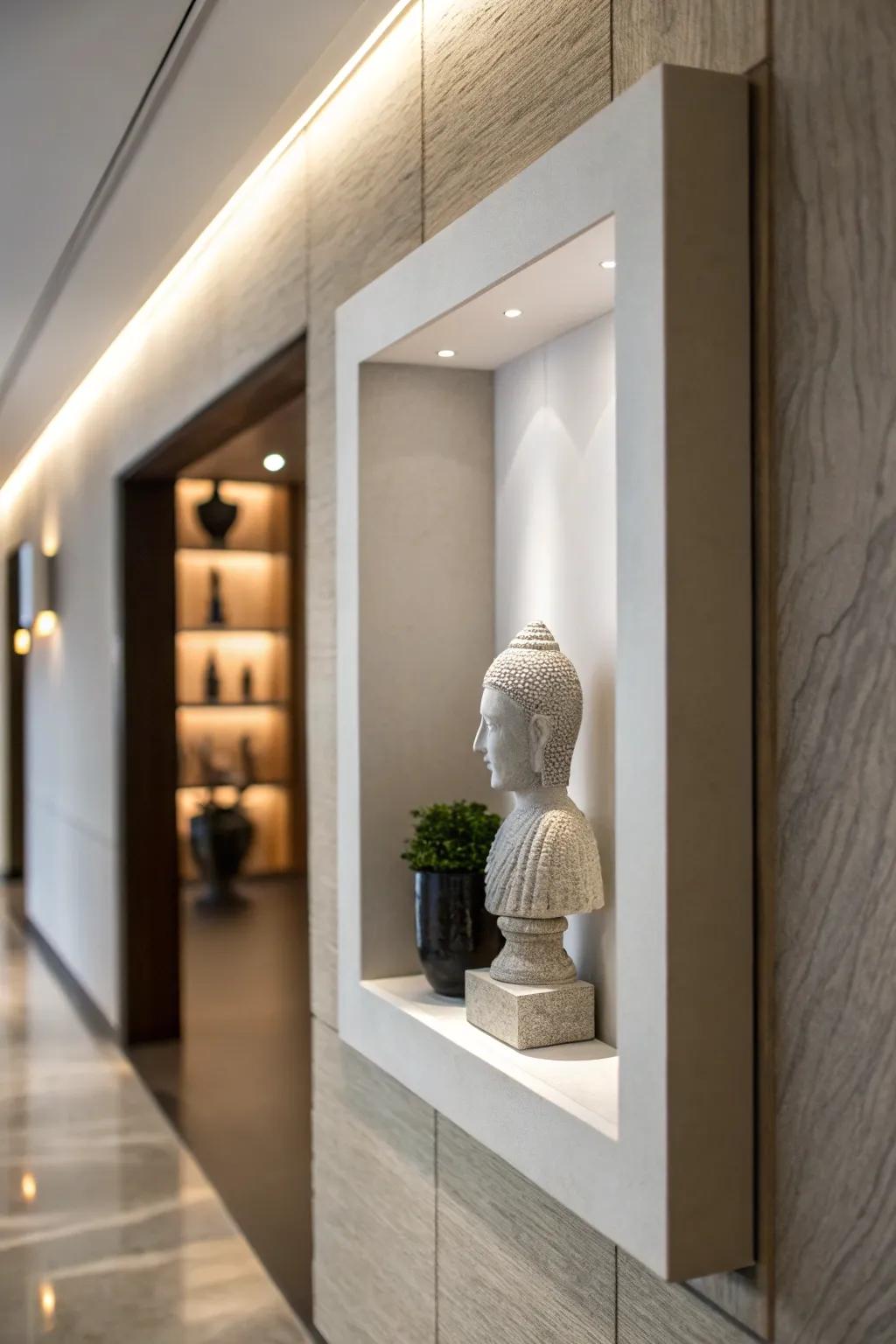A modern wall niche serving as a gallery space for a minimalist sculpture.