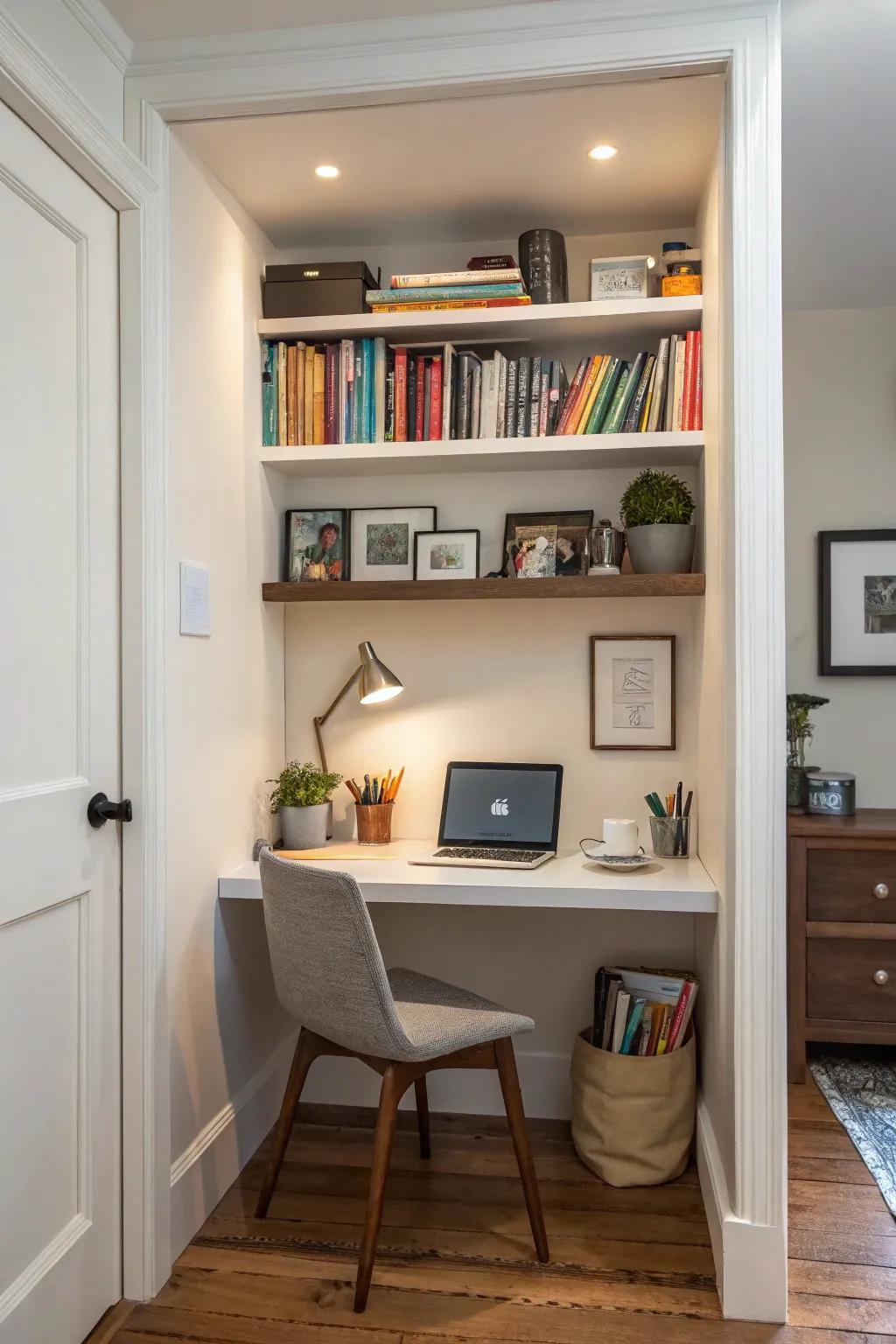 A wall niche converted into a small workspace with a desk and shelves for functionality.