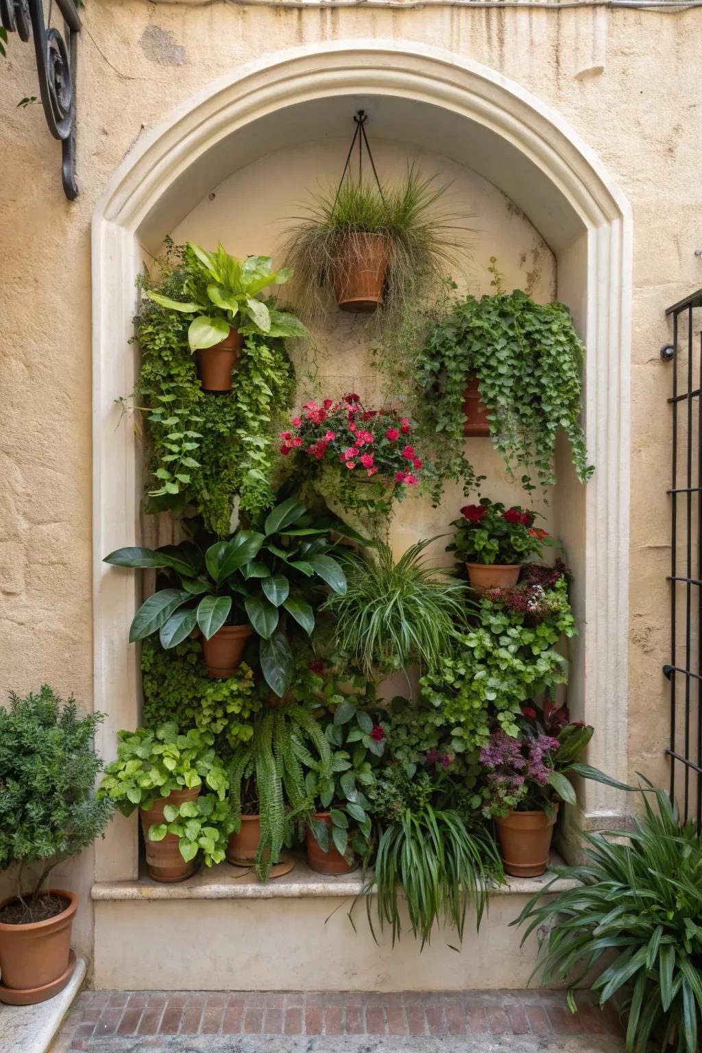 A wall niche enhanced with a lush plant arrangement, adding a touch of nature.