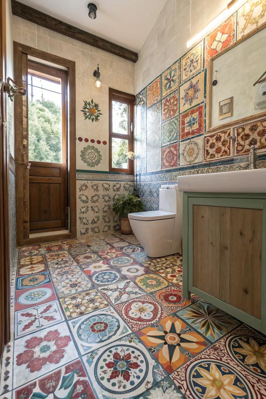 A striking boho bathroom with a mix of eclectic tile patterns.