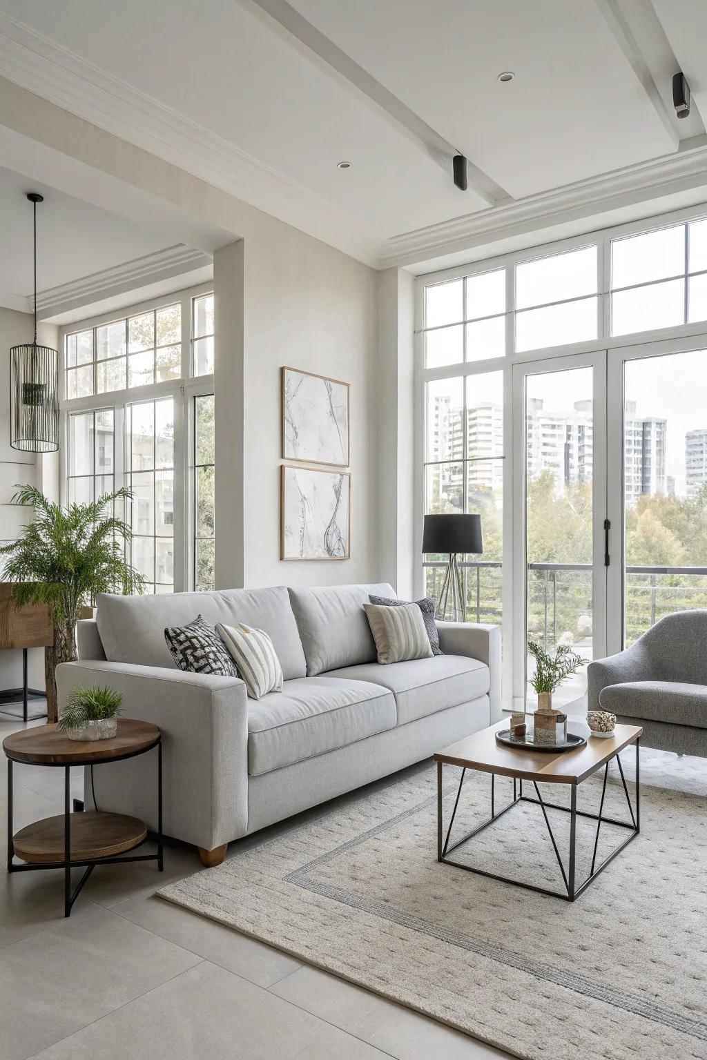 Modern minimalism with a focus on clean lines and a light grey couch.