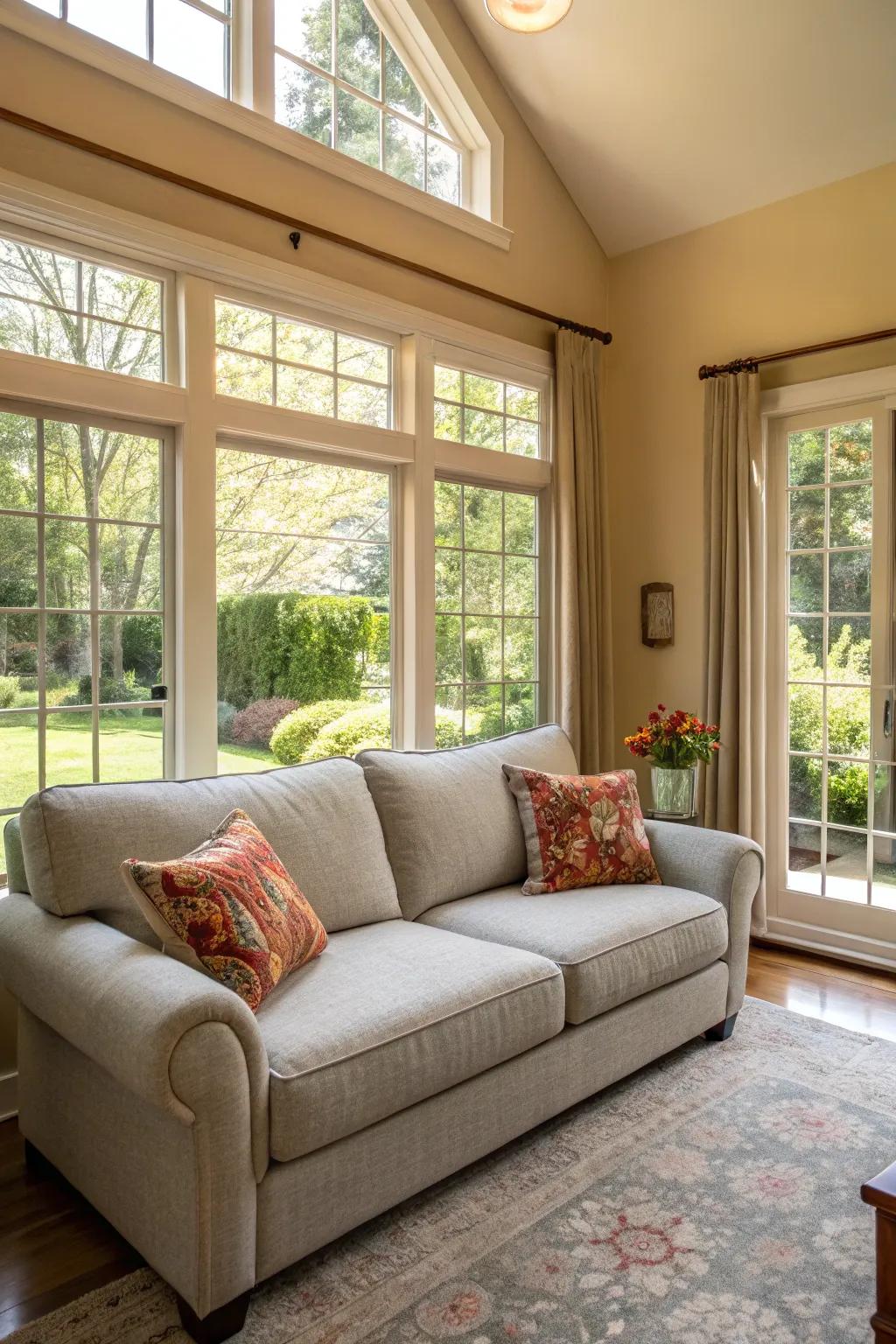 Natural light enhances the airy feel of a living room with a light grey couch.