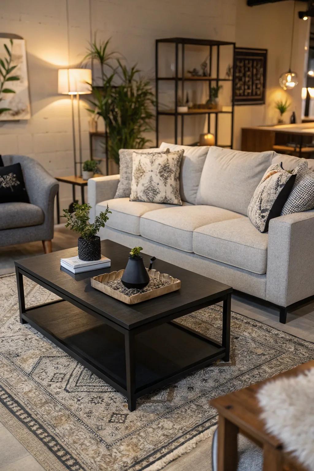 Dark accents balance the lightness of a room with a light grey couch.