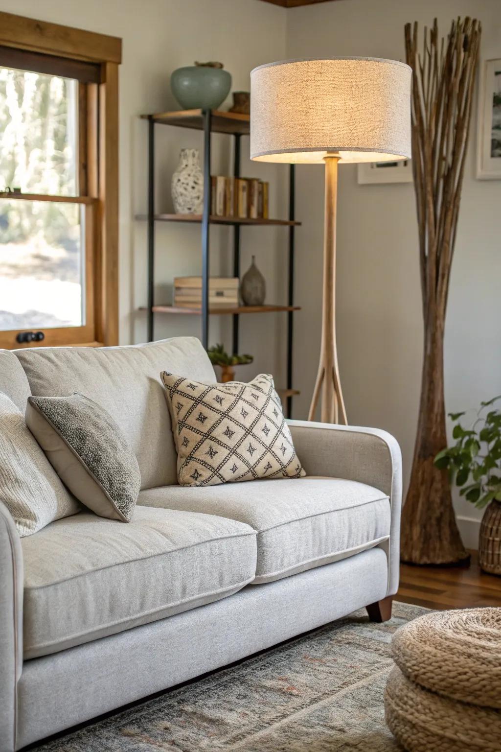 Artful lighting enhances the visual appeal of a space with a light grey couch.