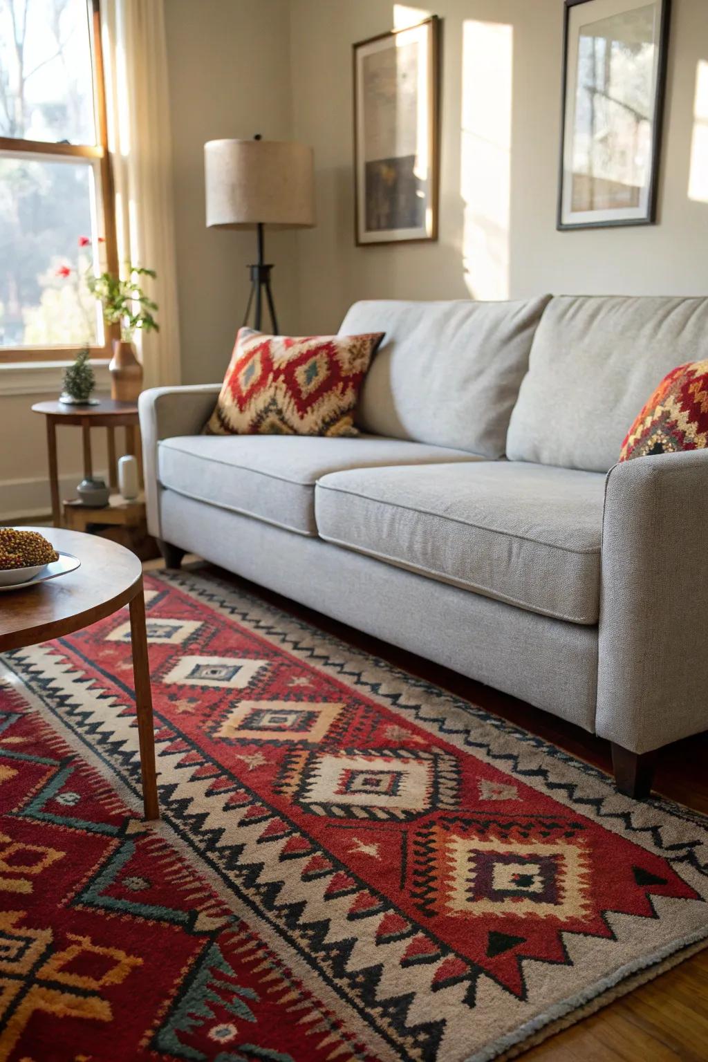 A bold rug anchors the room and complements a light grey couch.