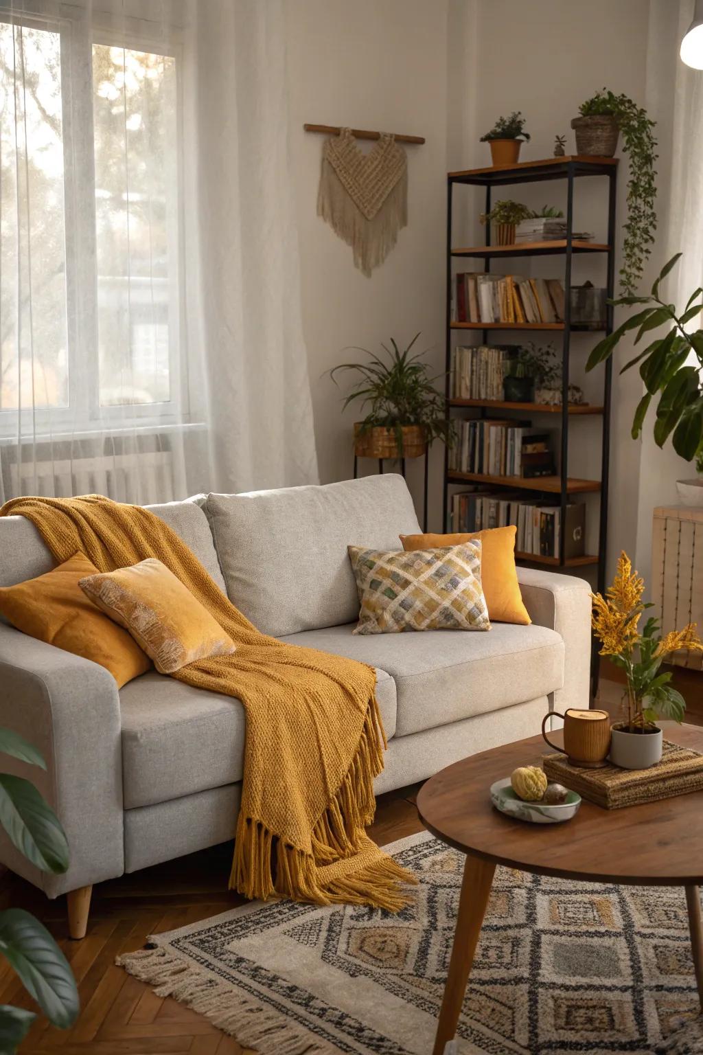 Mustard accents add a vibrant touch to a light grey couch setting.