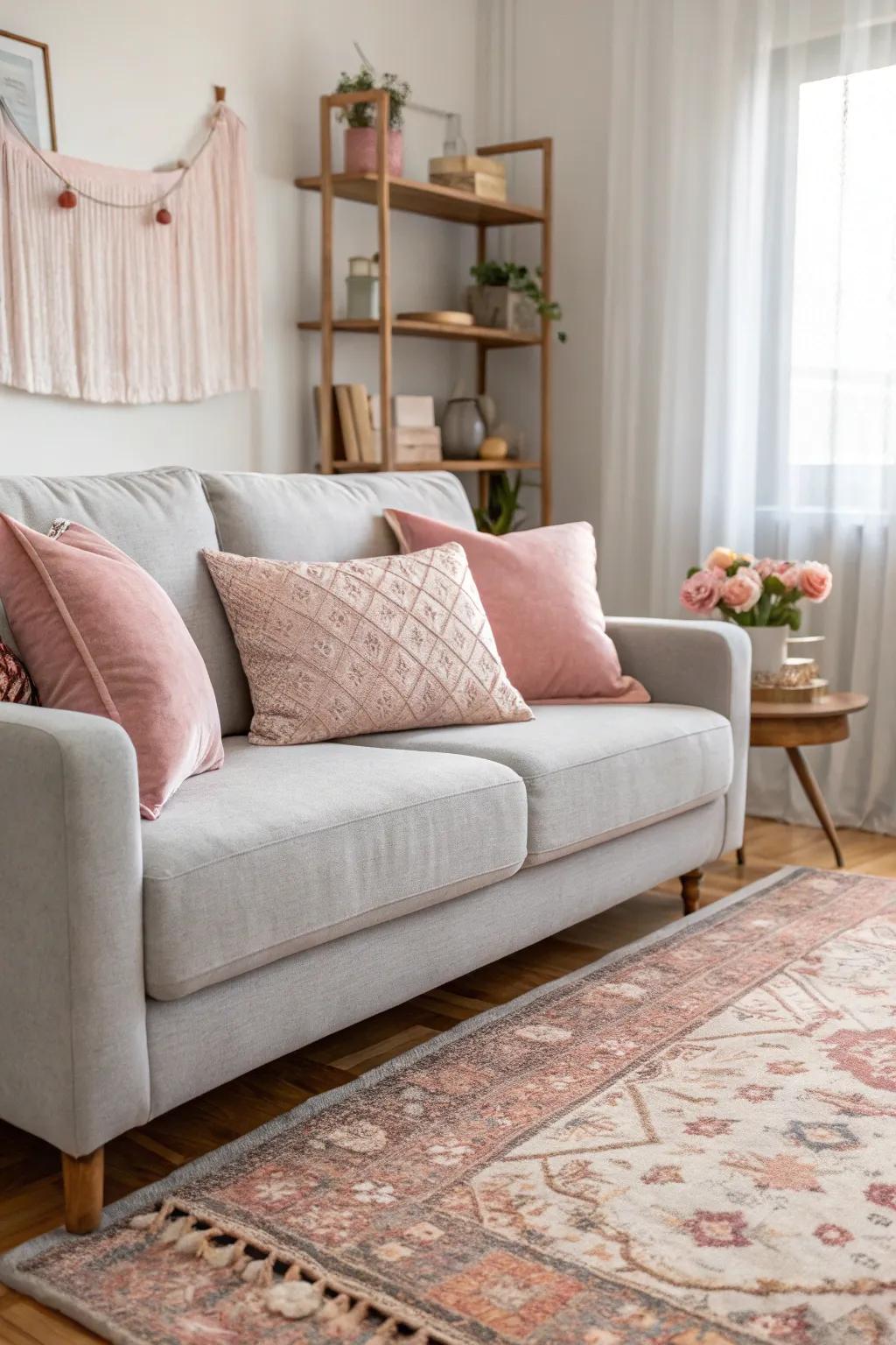 Blush pink accents bring a soft elegance to a light grey couch.