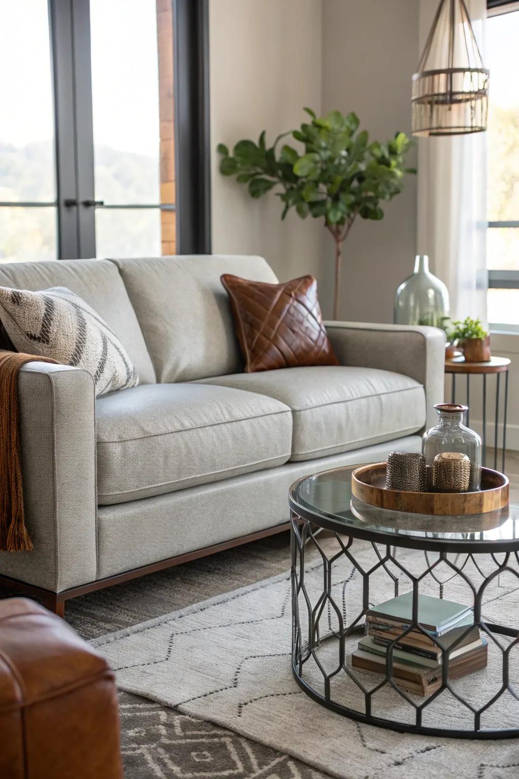 Mixing materials creates depth and sophistication with a light grey couch.