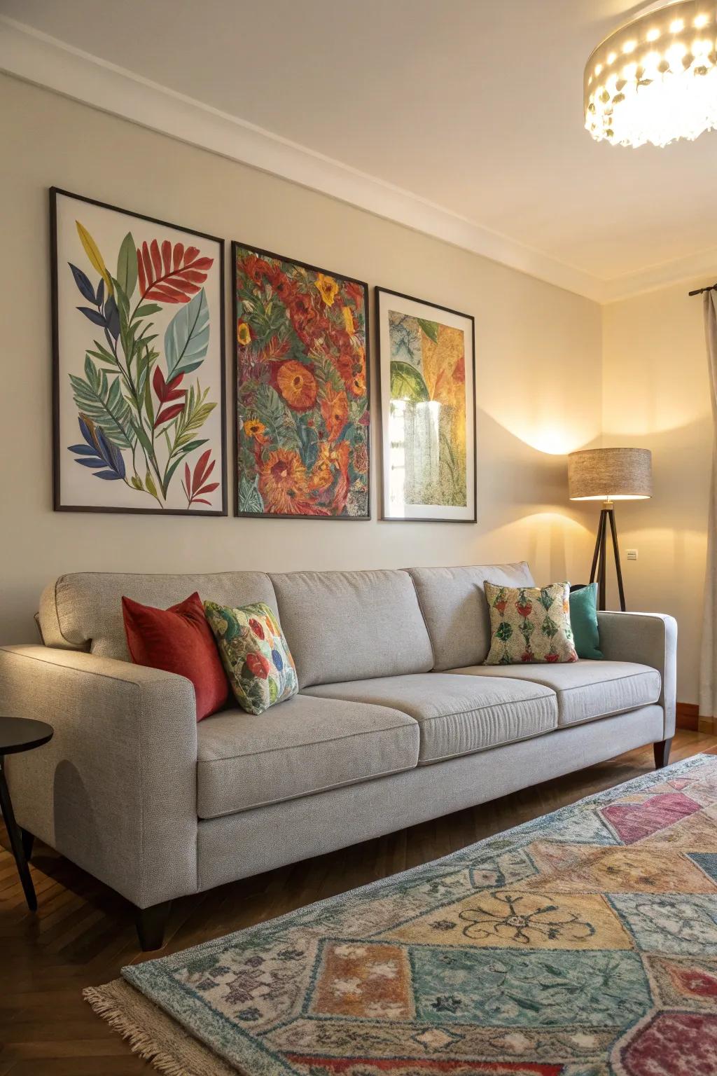 Bold art pieces create a striking focal point with a light grey couch.