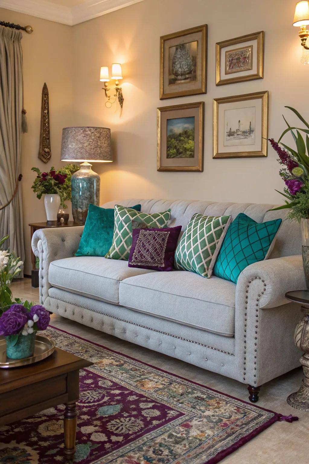 Jewel tones add luxury and depth to a light grey couch setting.