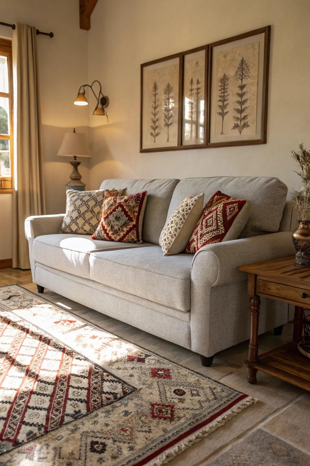 Patterns add character and depth to a light grey couch setting.