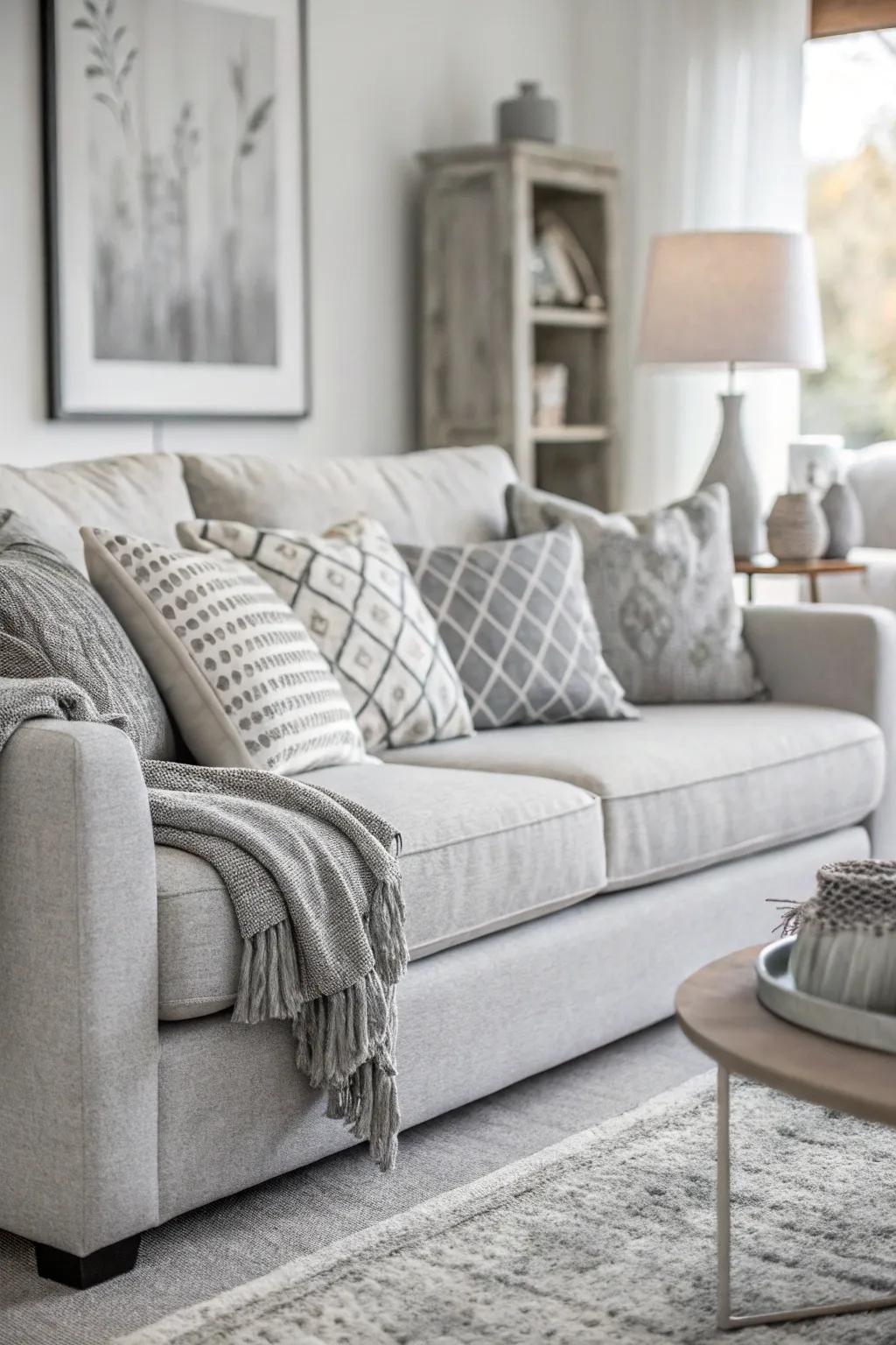 A monochrome palette brings timeless elegance to a light grey couch.