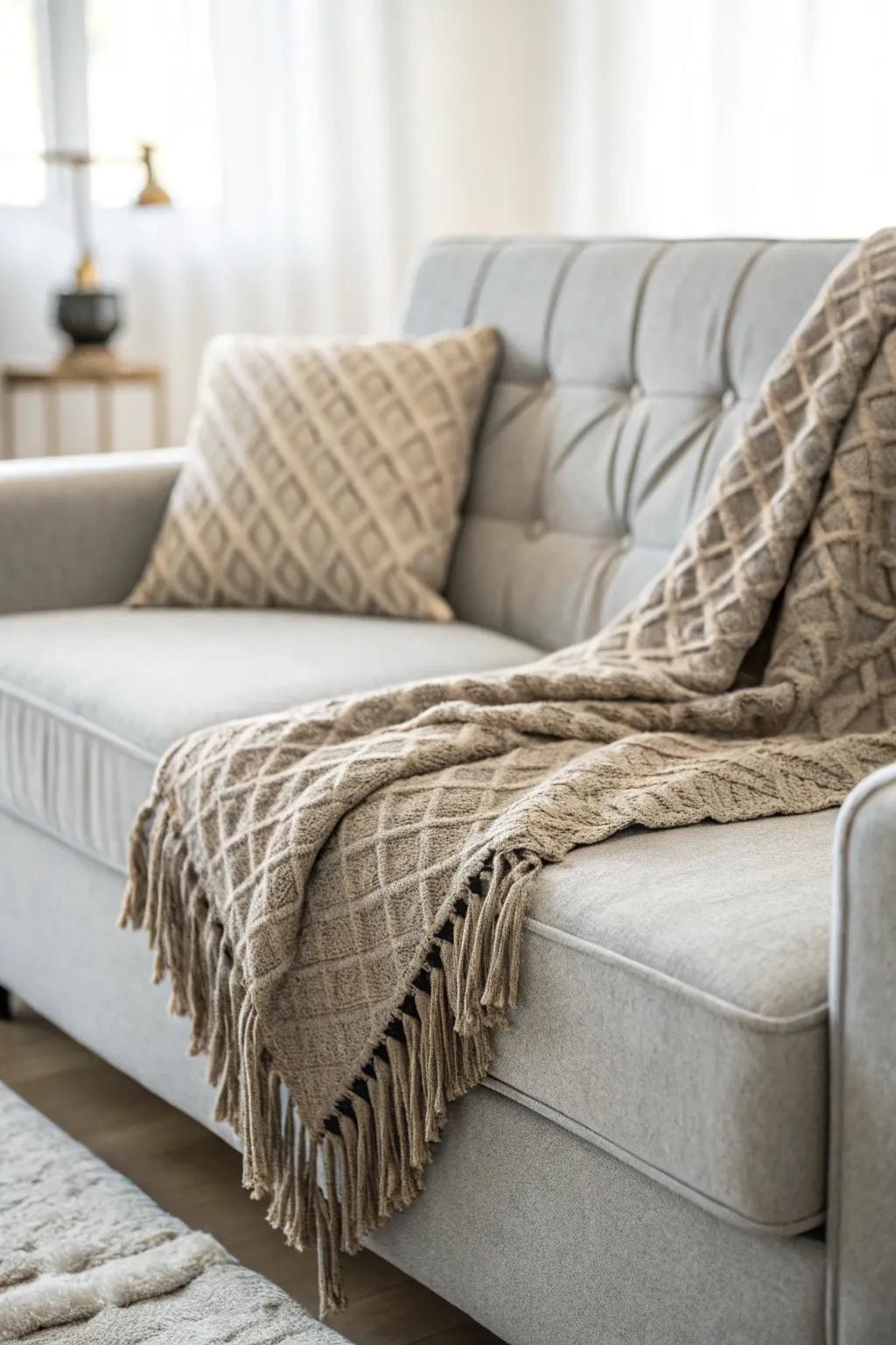 A textured throw adds warmth and style to a light grey couch.