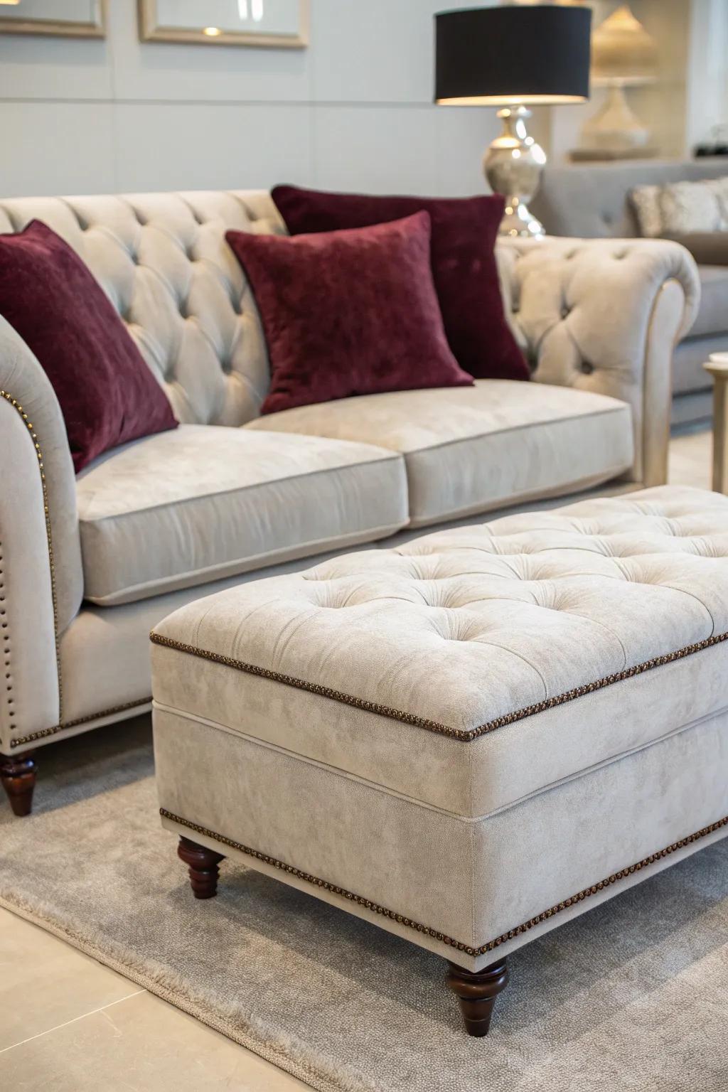 Velvet textures add opulence and comfort to a light grey couch.