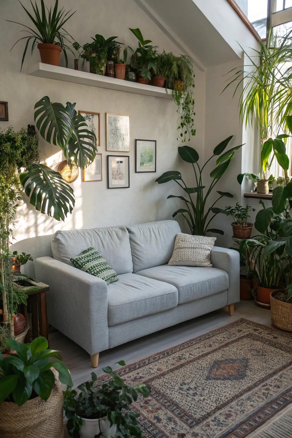 Indoor plants add freshness and vibrancy to a space with a light grey couch.
