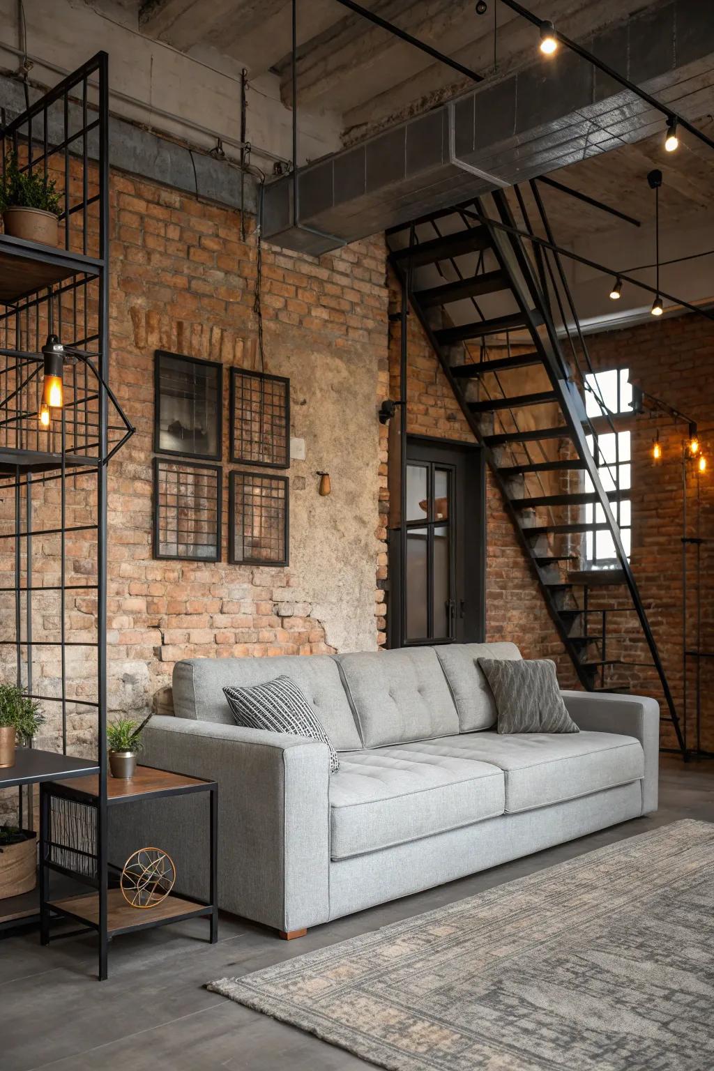 Industrial elements add urban chic to a light grey couch setting.