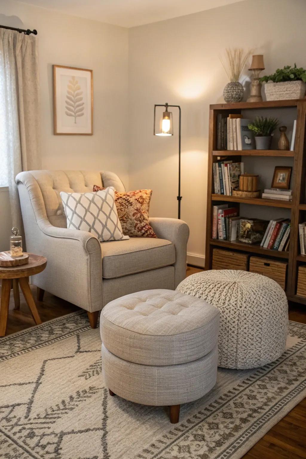 Cozy corners create an inviting atmosphere with a light grey couch.