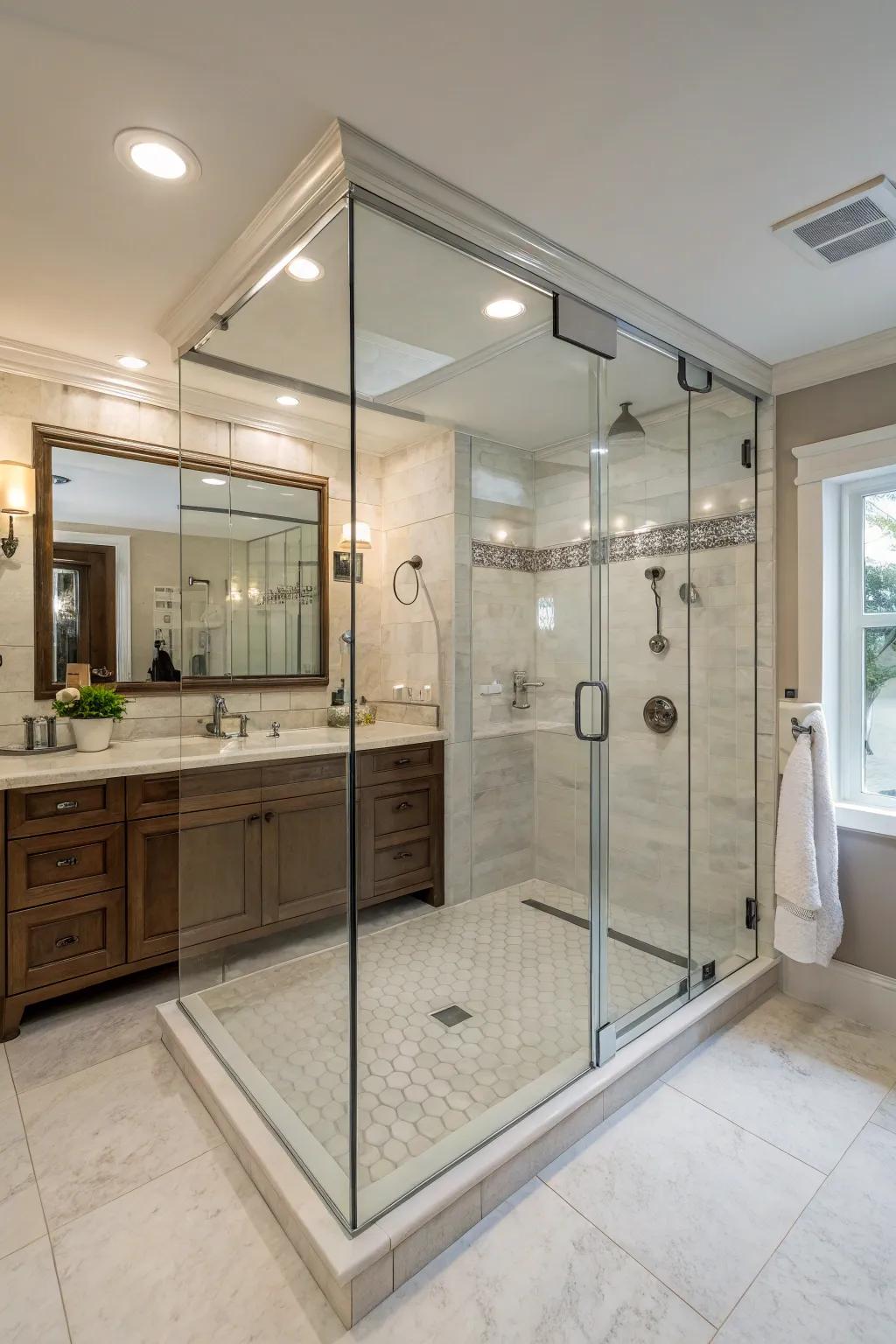 This walk-in shower adds a touch of modern luxury with its sleek design.