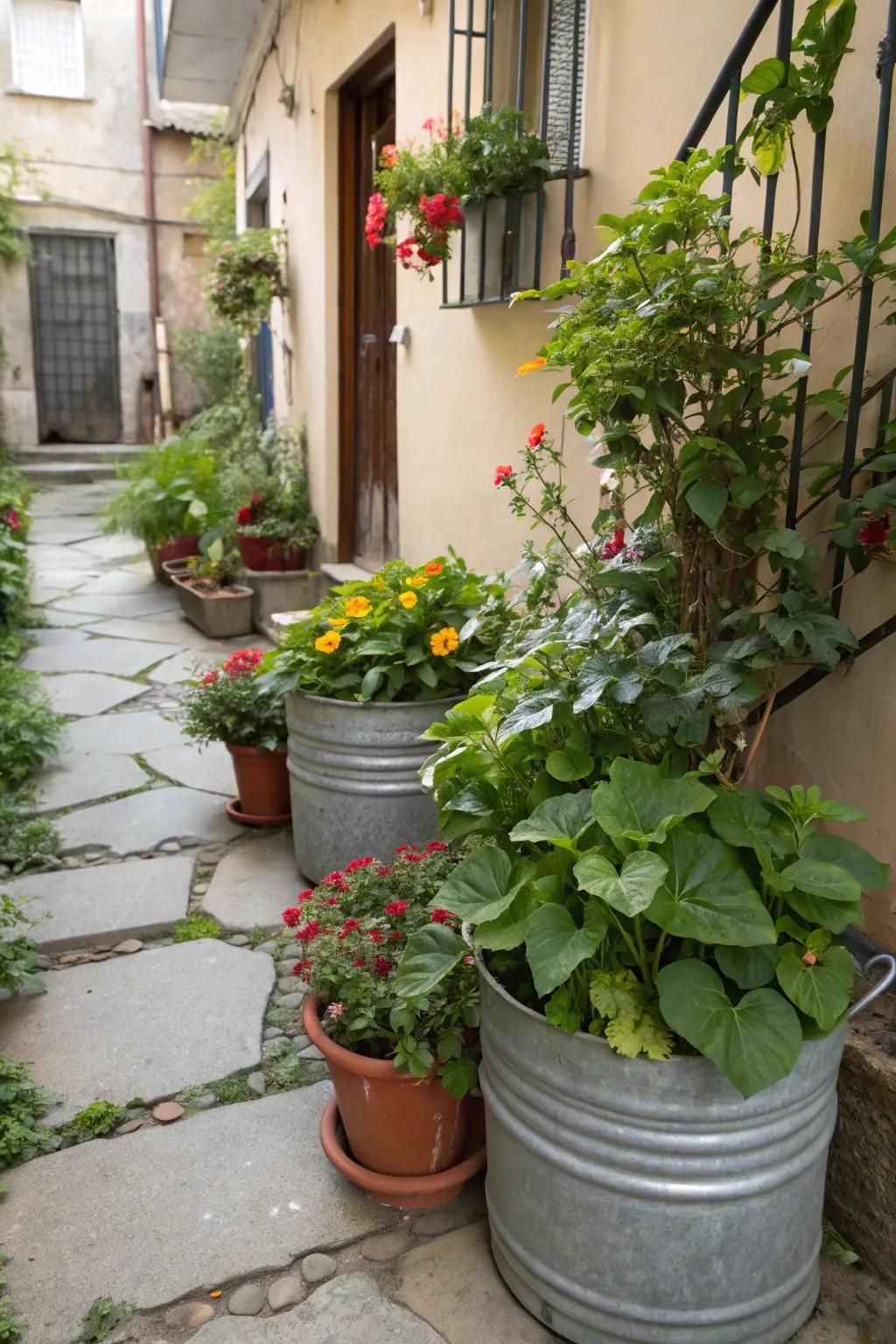 Repurposed containers make unique and budget-friendly planters.