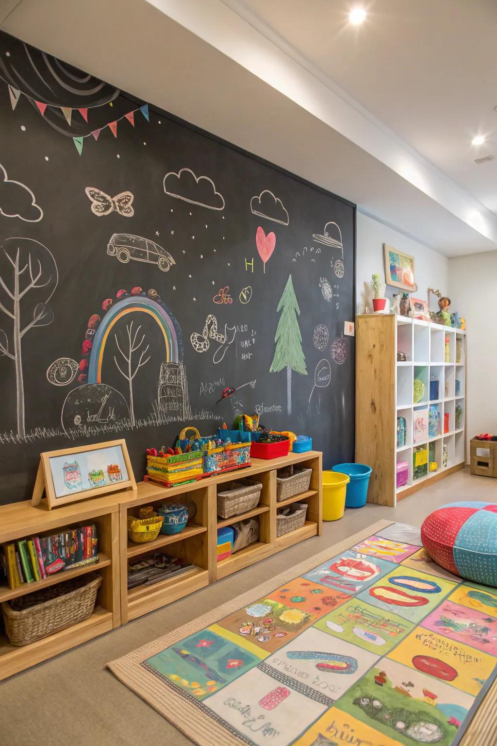 A chalkboard wall inspires creativity and artistic expression.