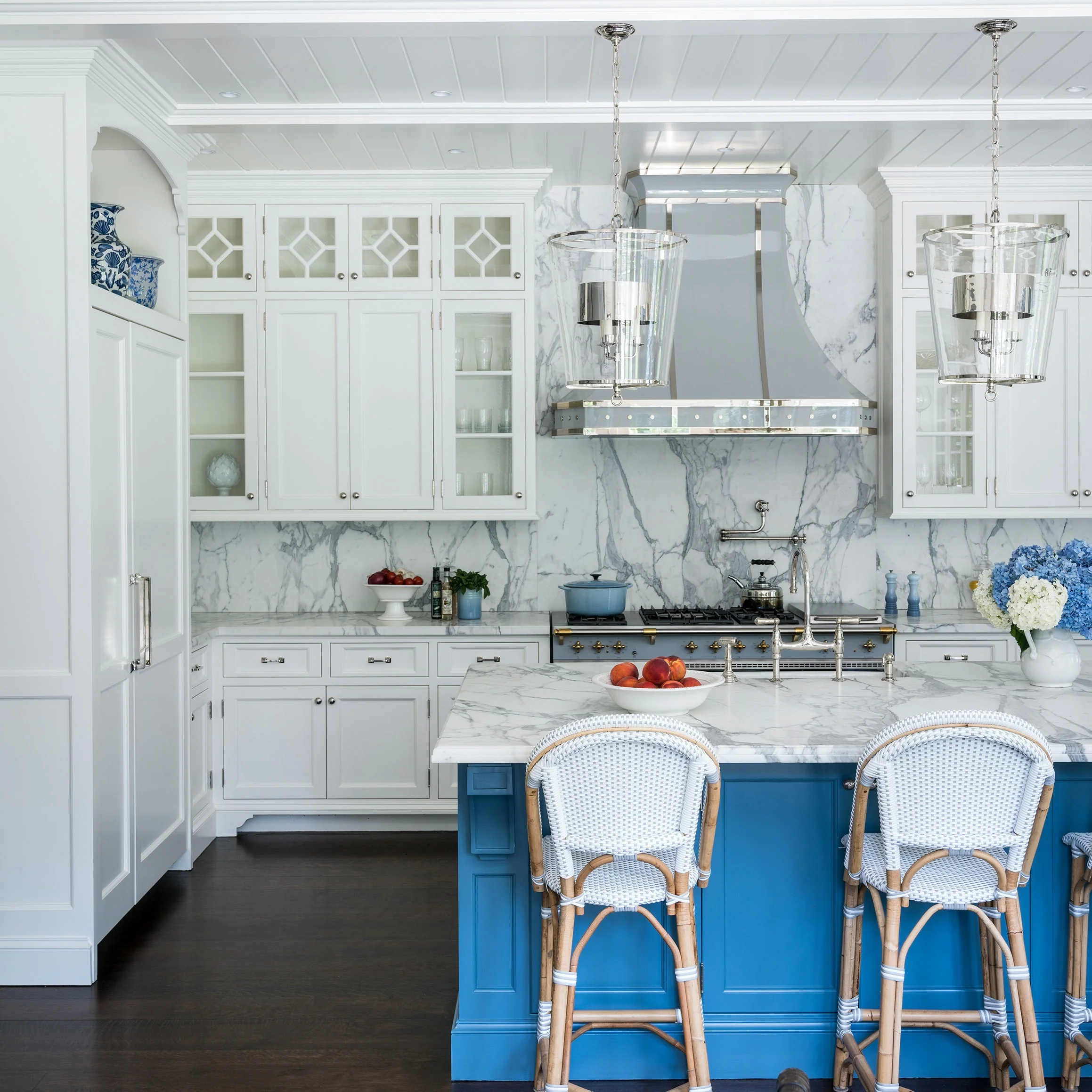 Bold Blue Island with White Marble and Classic Details