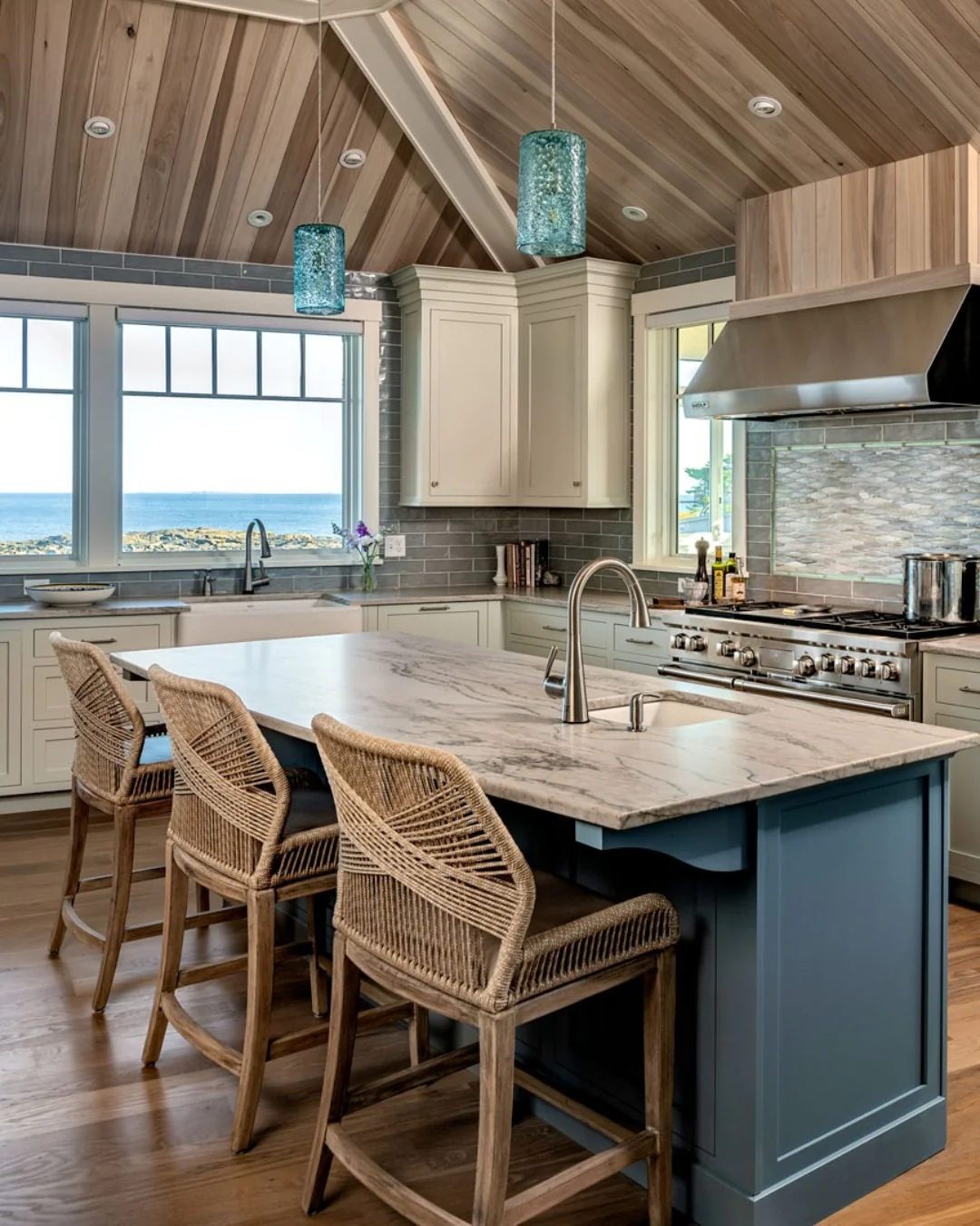 Ocean-Hued Kitchen with Blue-Green Shades and Wood Accents