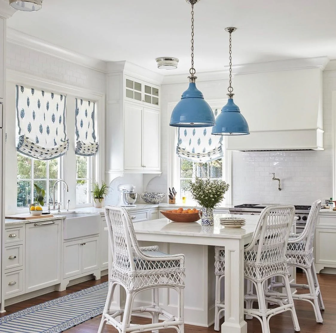 Soft Gray and Blue Kitchen with Woven Accents