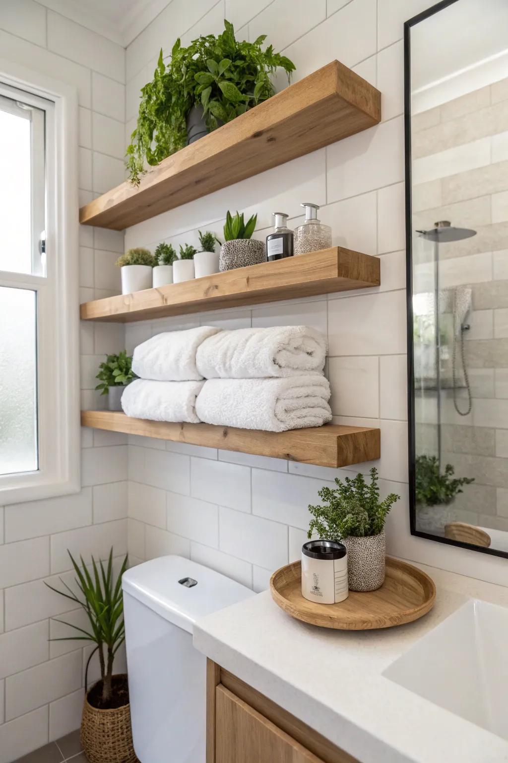 Floating shelves offer a minimalist and stylish towel storage option.