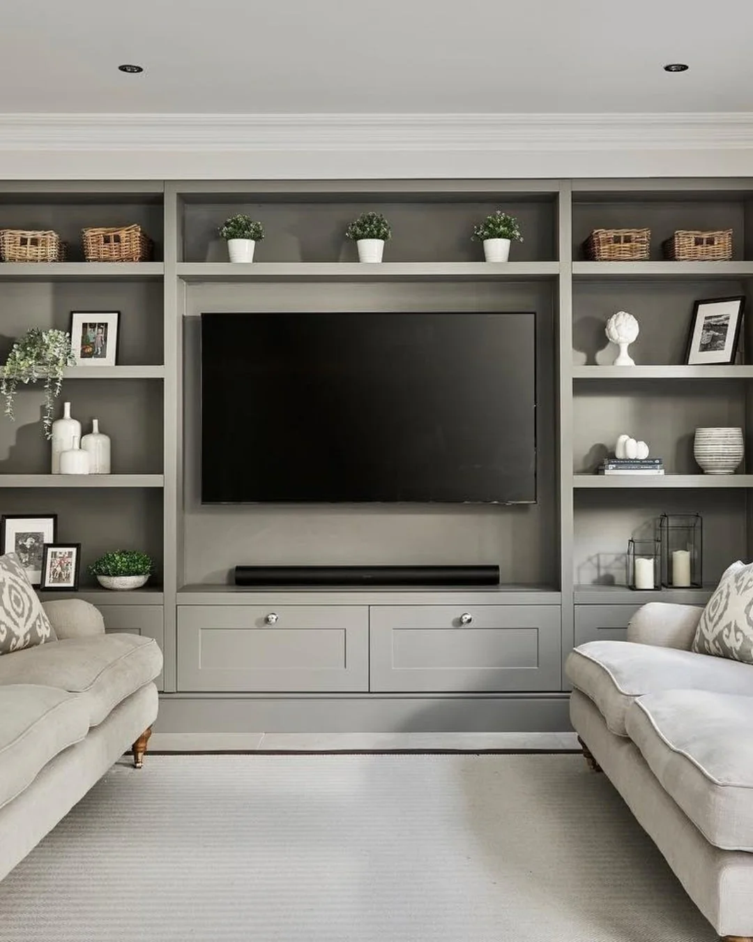 Timeless Grey Living Room with Integrated Media Wall (Grey Living Room Ideas)