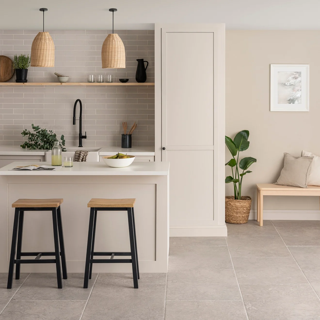 Soft Grey Floors with Natural Materials and Open Shelving