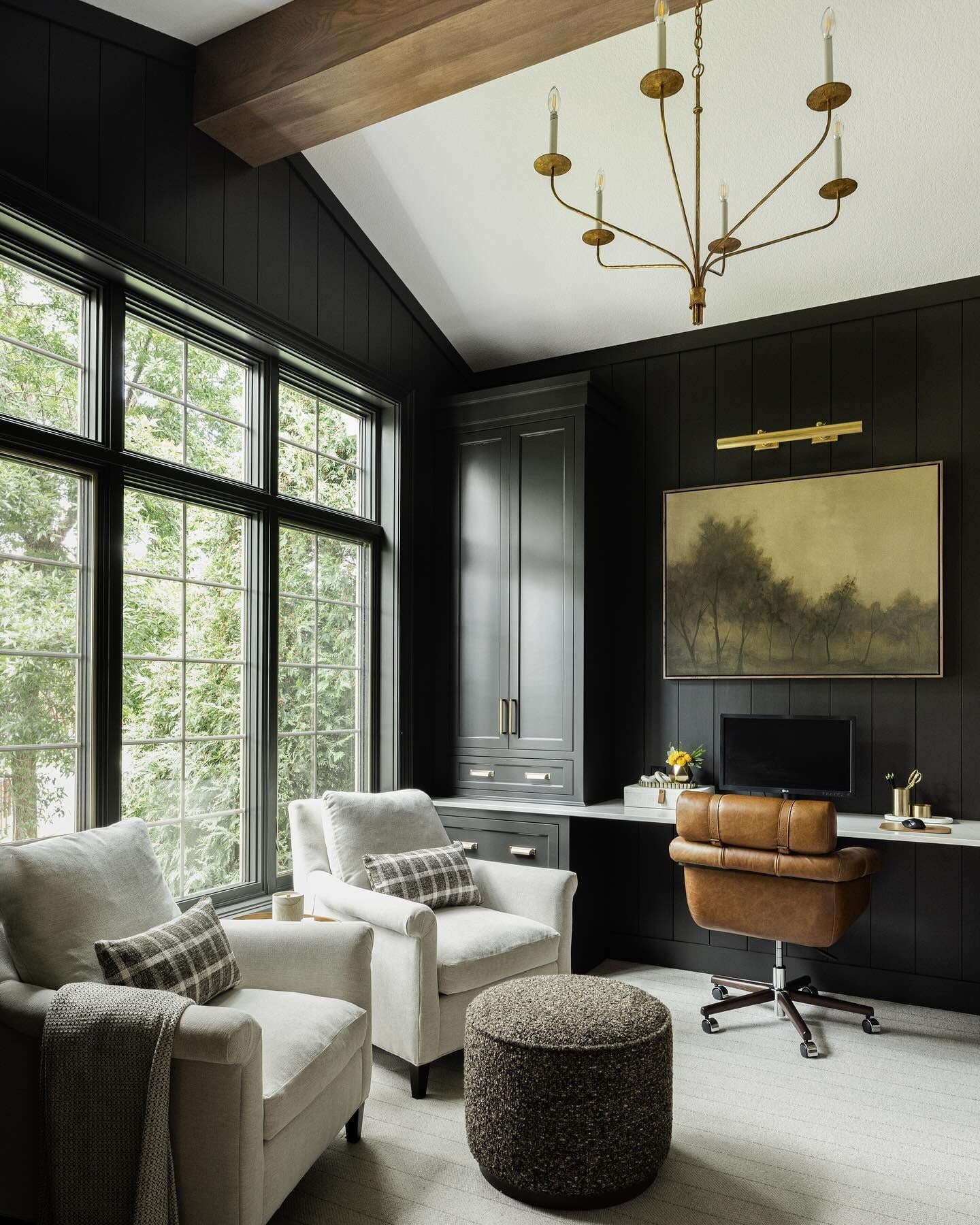 Moody Black Paneled Office with Soft Neutrals