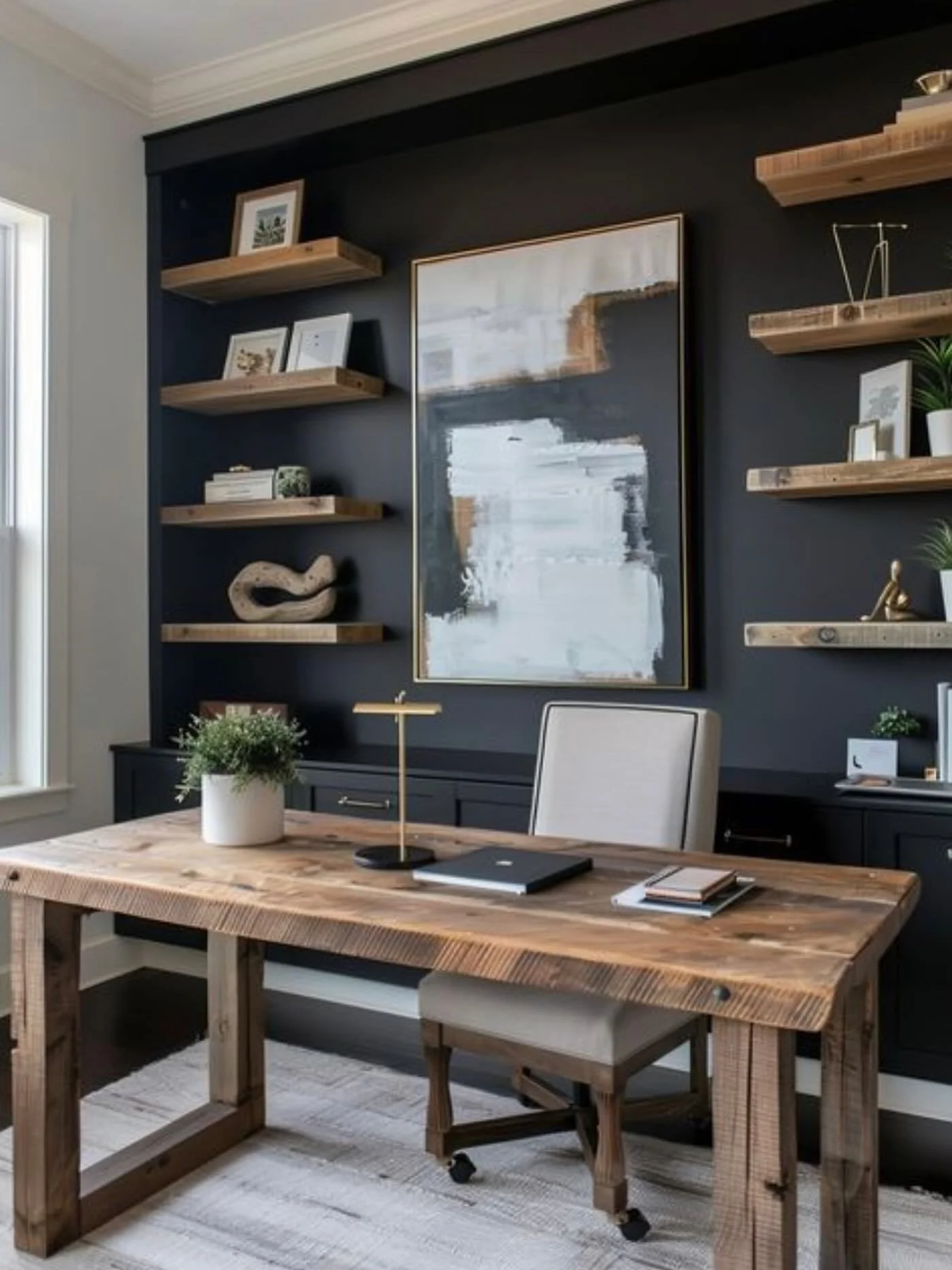 Matte Black Built-In Office with Natural Wood Accents