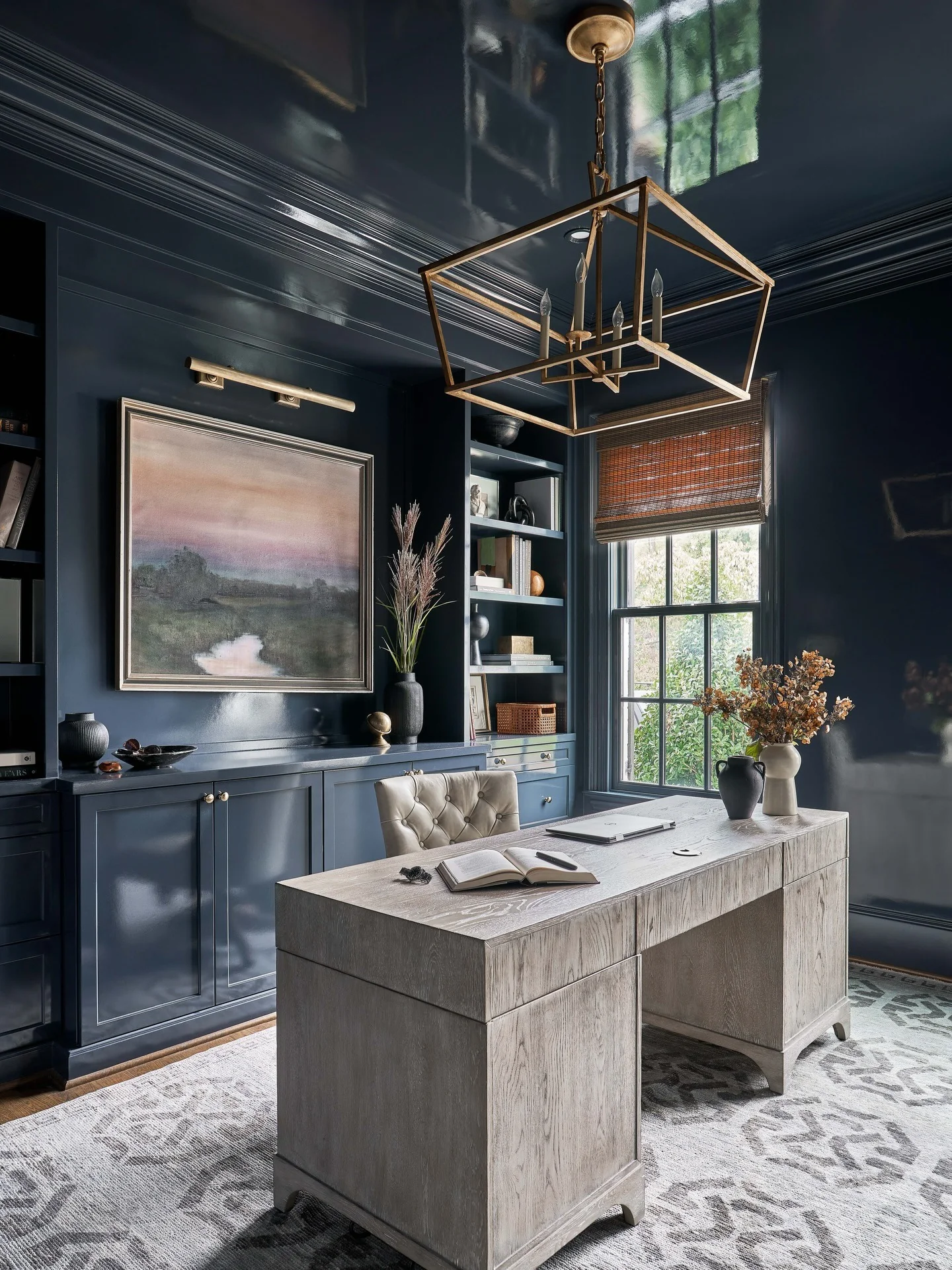 High-Gloss Navy Office with Brass Lantern Lighting
