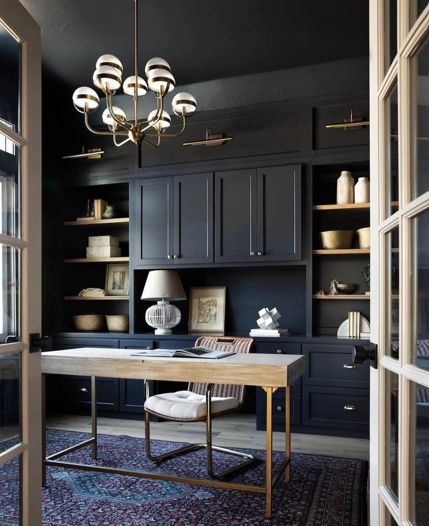 Classic Navy Built-In Office with Patterned Rug