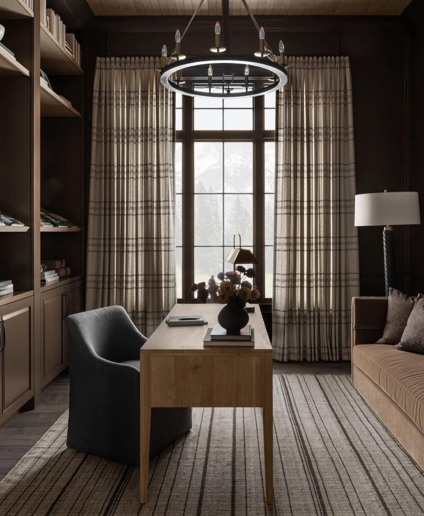 Dark Wood Library Office with Soft Layered Lighting