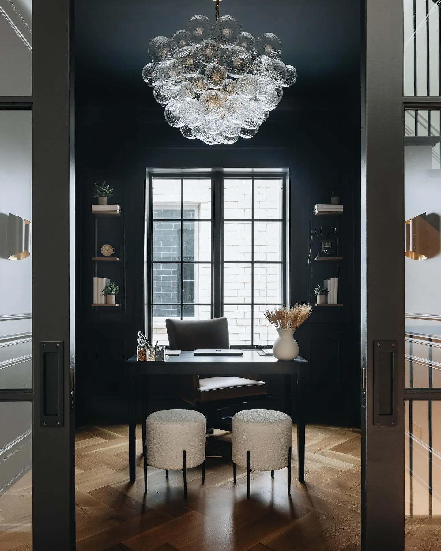 Black Alcove Office with Sculptural Lighting