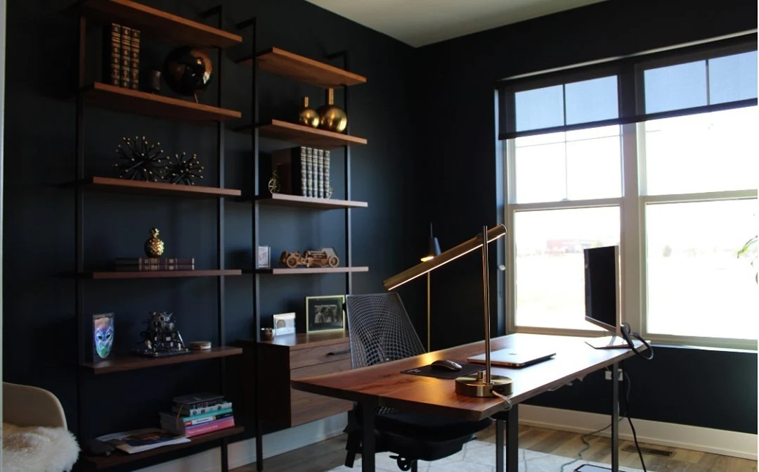 Modern Black Office with Warm Wood Desk