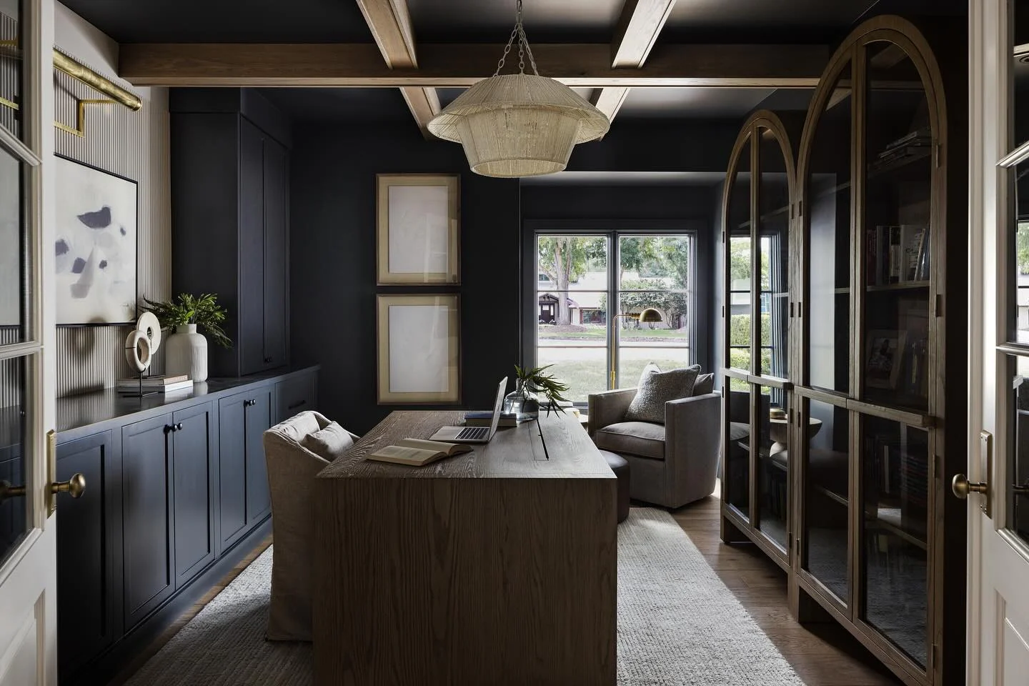 Moody Navy Office with Warm Wood Ceiling Beams
