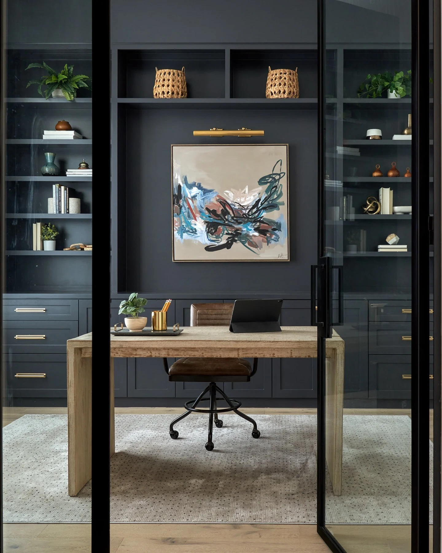 Glass-Enclosed Navy Office with Brass Details