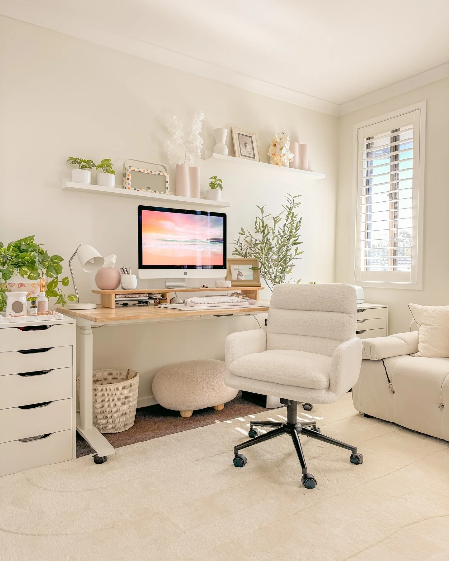 11. Soft Neutral Home Office with Cream, Blush & Natural Wood (Home Office Decor Ideas)