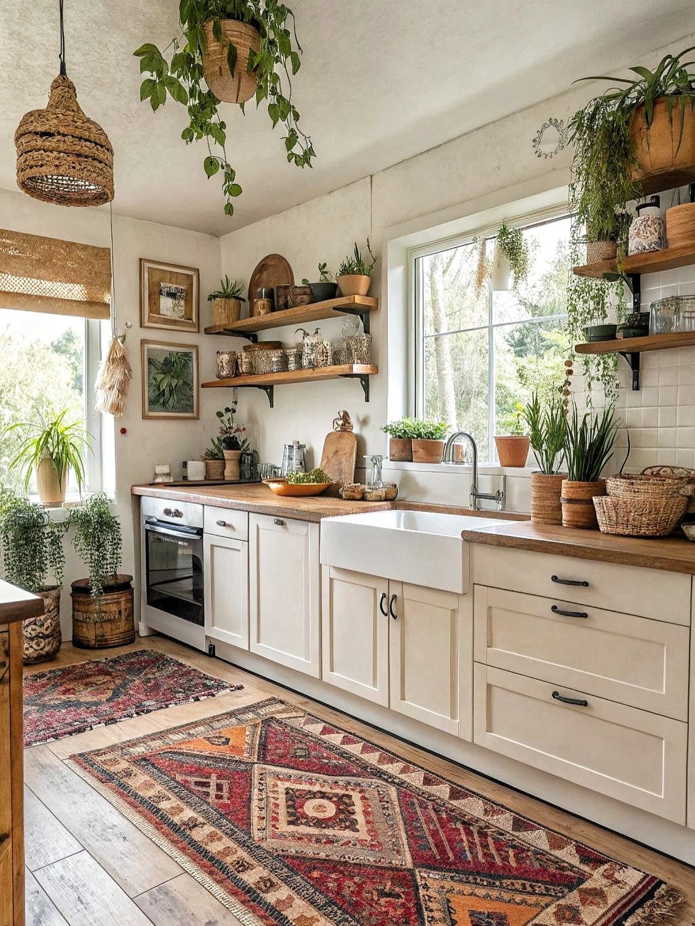 Soft Cream & Natural Green Bohemian Kitchen